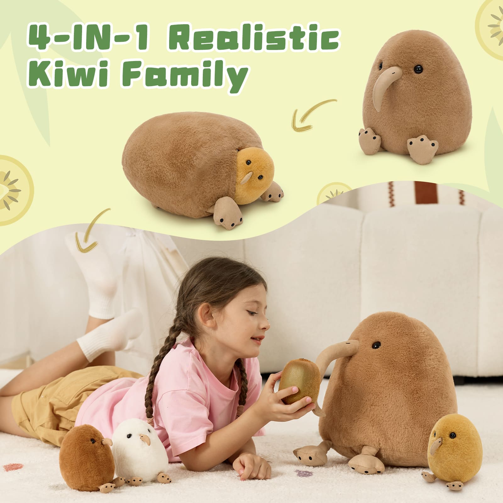 Stuffed Kiwi Bird with Three Kiwi Babies, Brown, 12 Inches