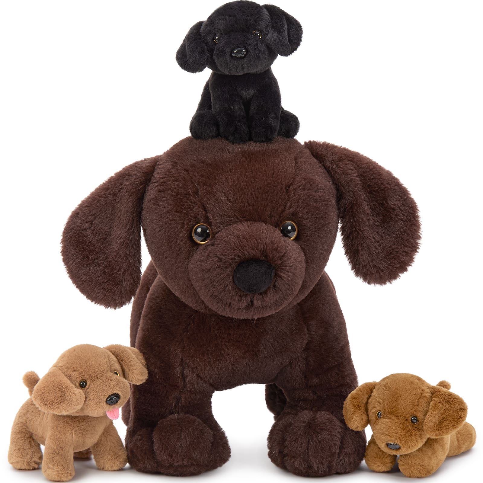 MorisMos 4 Pcs Lab Plush Toy, 15.7" Chocolate Mom Labrador Stuffed Animal with 3 Cute Stuffed Baby Dogs in Mother's Belly, Soft Lab Puppy Plushies for Kids Dog Lovers, Christmas Birthday Gift