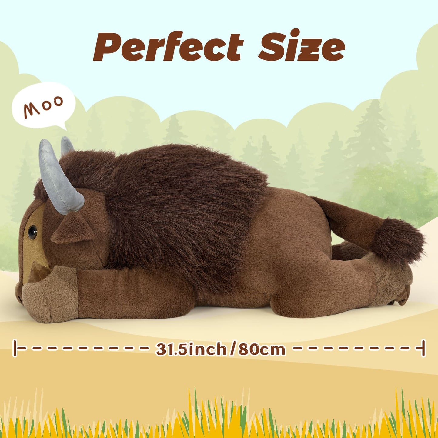 Premium buffalo stuffed animal plush with soft fur horns and fluffy mane, cute bison toy for children toddler playtime and cozy comfort