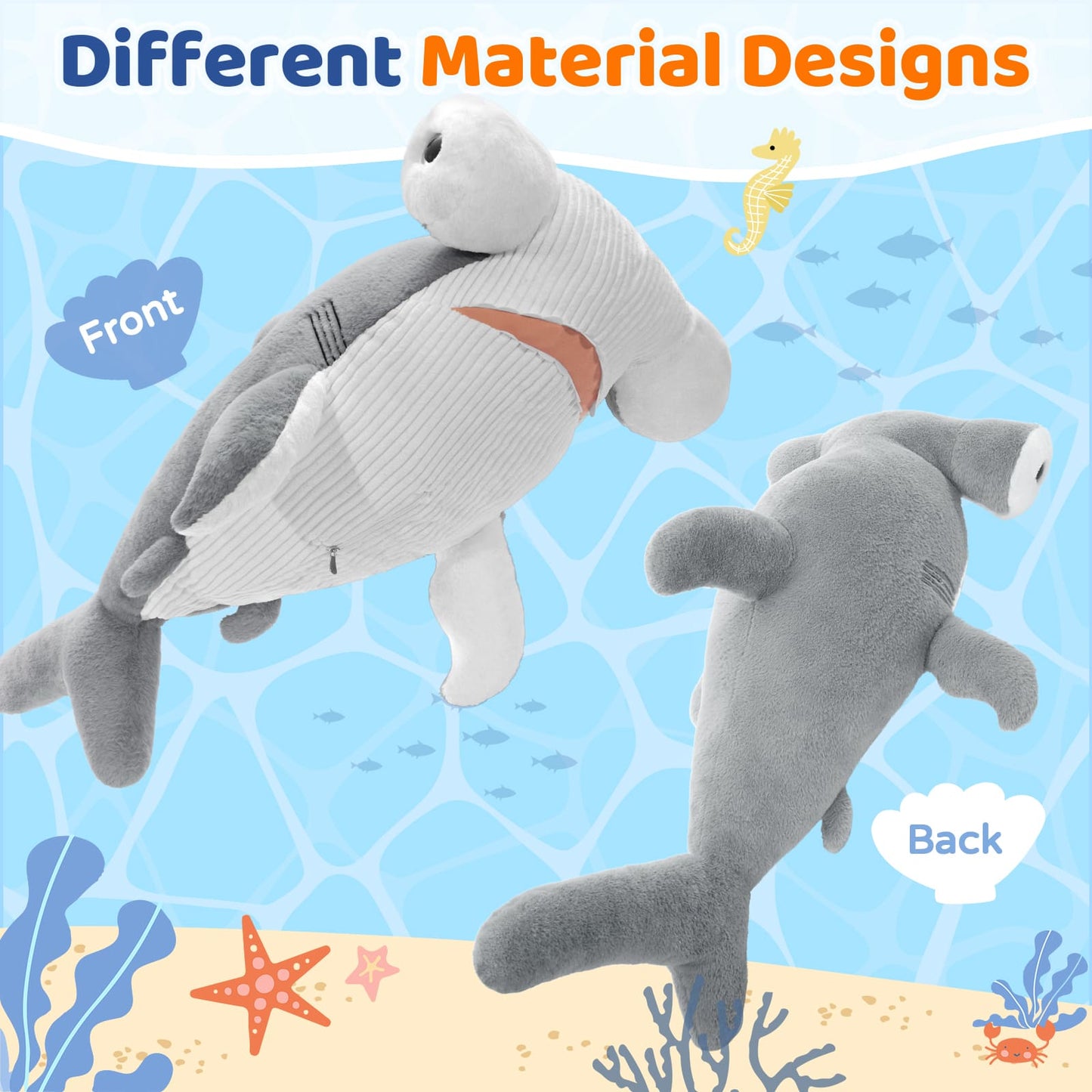 Giant 43.3” Hammerhead Shark Plush Toy – Ultra Soft, Jumbo Stuffed Animal for Kids, Huge Cuddly Shark for Playtime, Bedroom Décor & Gifting
