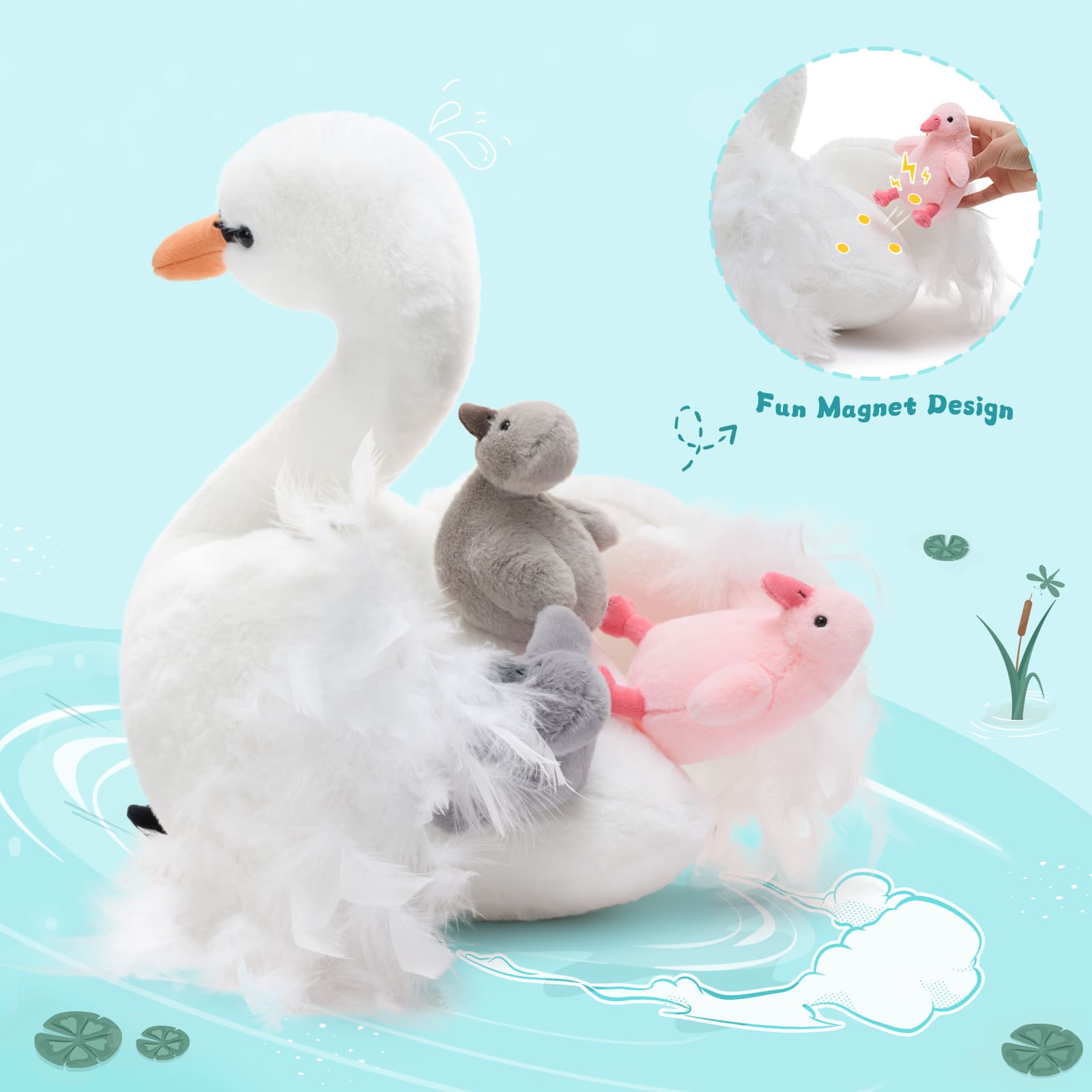 Big Stuffed Swan with Three Baby Cygnet Plush Toy Set