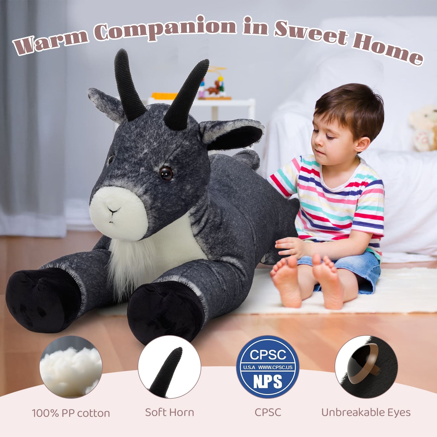 Cute realistic goat plush with detailed design, soft stuffed animal for kids gift idea