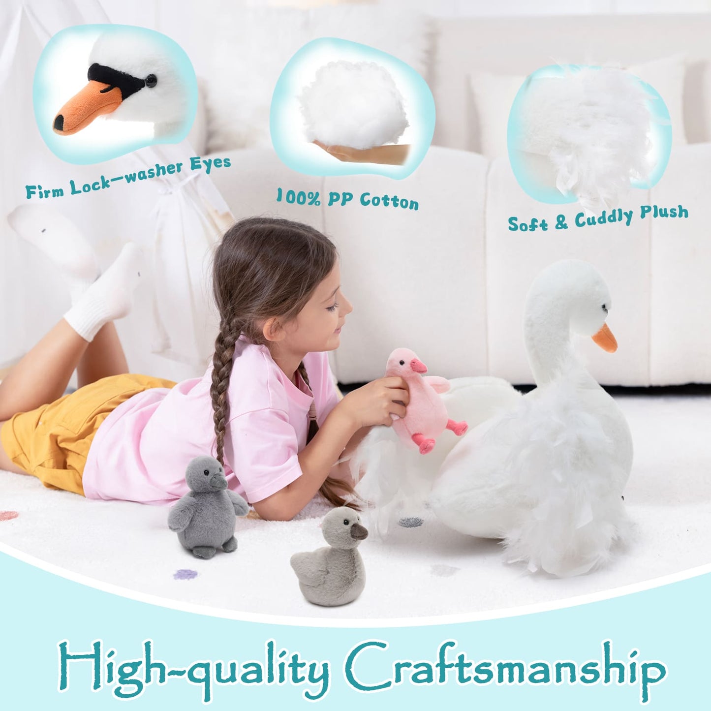Big Stuffed Swan with Three Baby Cygnet Plush Toy Set