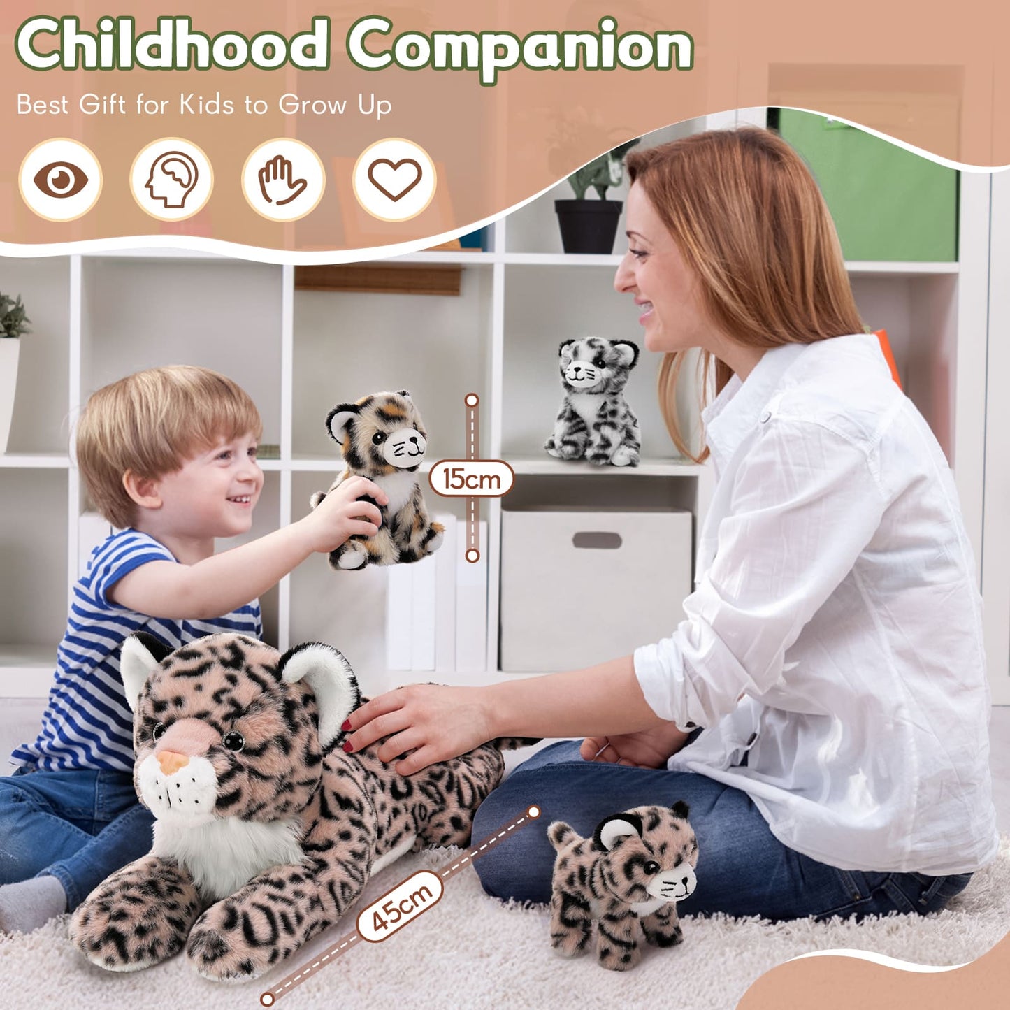 Jungle Leopard Stuffed Animals - Cheetah Plush Toys - 4 Pcs Leopard Stuffed Animals - Realistic Cheetah Plush Dolls - Jungle/Safari/Forest Cute Cartoon Plush Pillows for Kids - Christmas/Birthday Gift for Kids