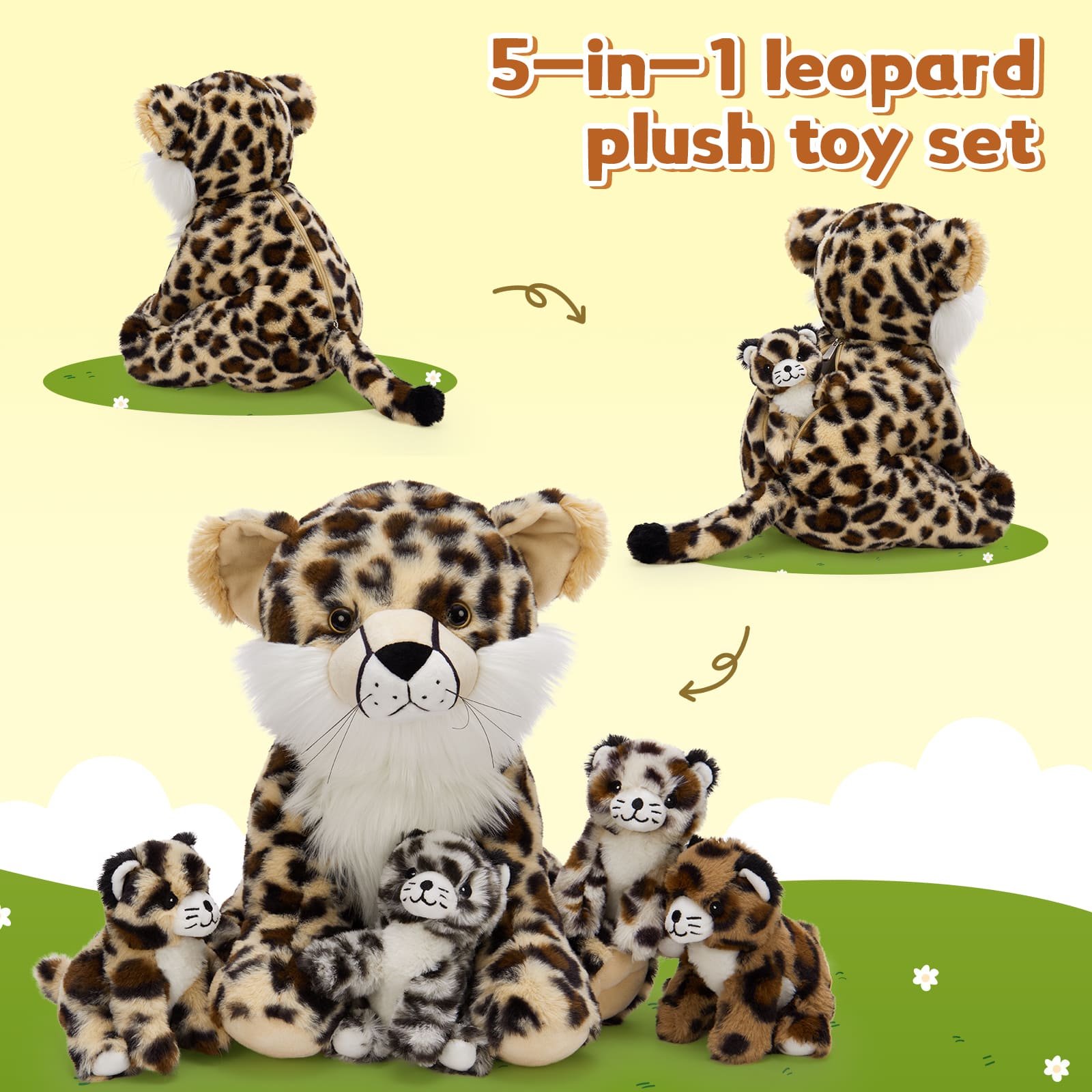 Leopard Stuffed Animals with Babies inside the Belly - One Big Panther with Four Panther Baby Plush Toy Assortment - Jungle Safari Stuffies for Children Teen Adults - Jungle Safari Party Favors