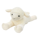 A plush stuffed sheep toy lying down on a clean white background. The sheep has a soft cream-colored fleece body, a lighter cream face, small black eyes, and a simple embroidered smile.