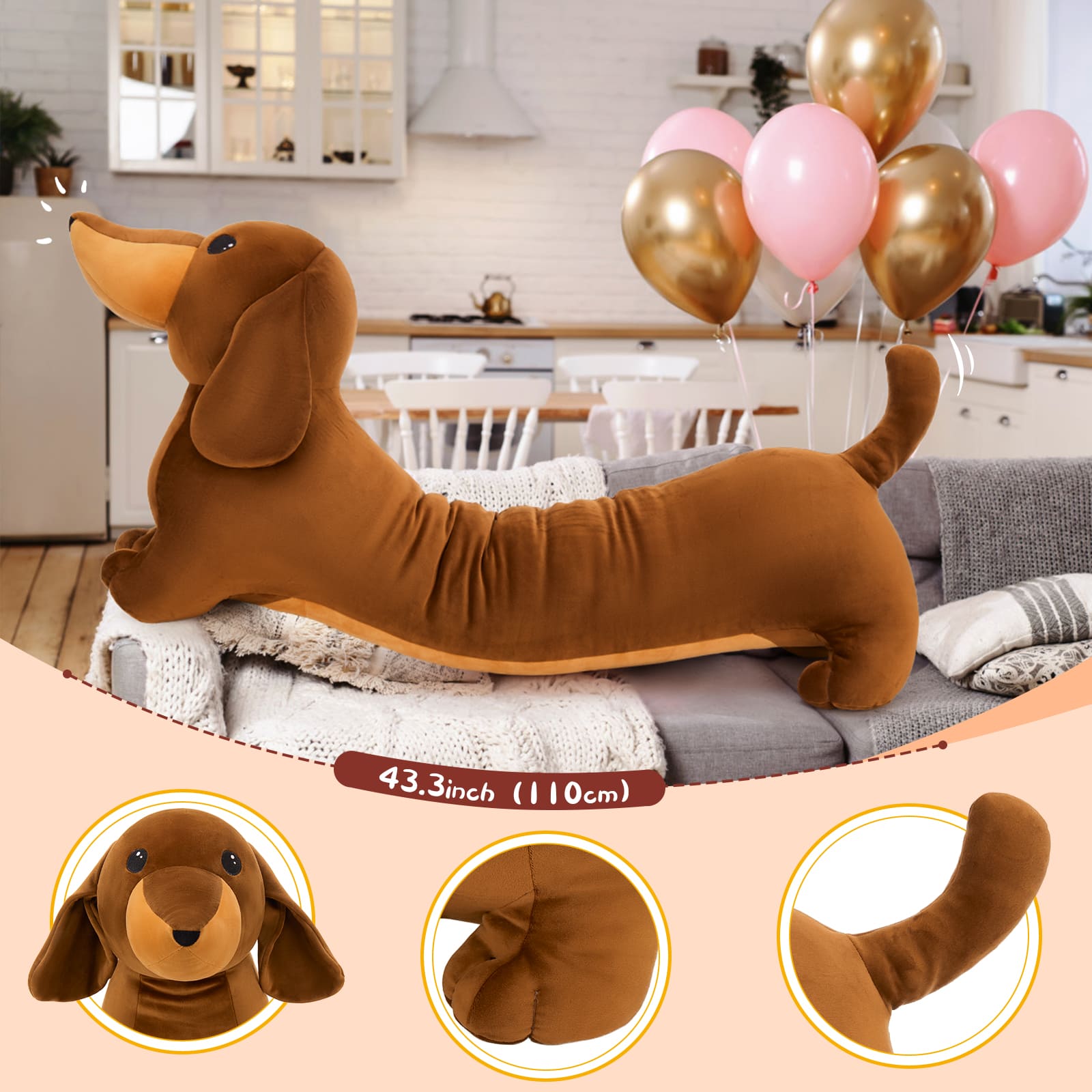 Dachshund Plush Pillow Dog Stuffed Animals, Brown/Black, 43.3 Inches
