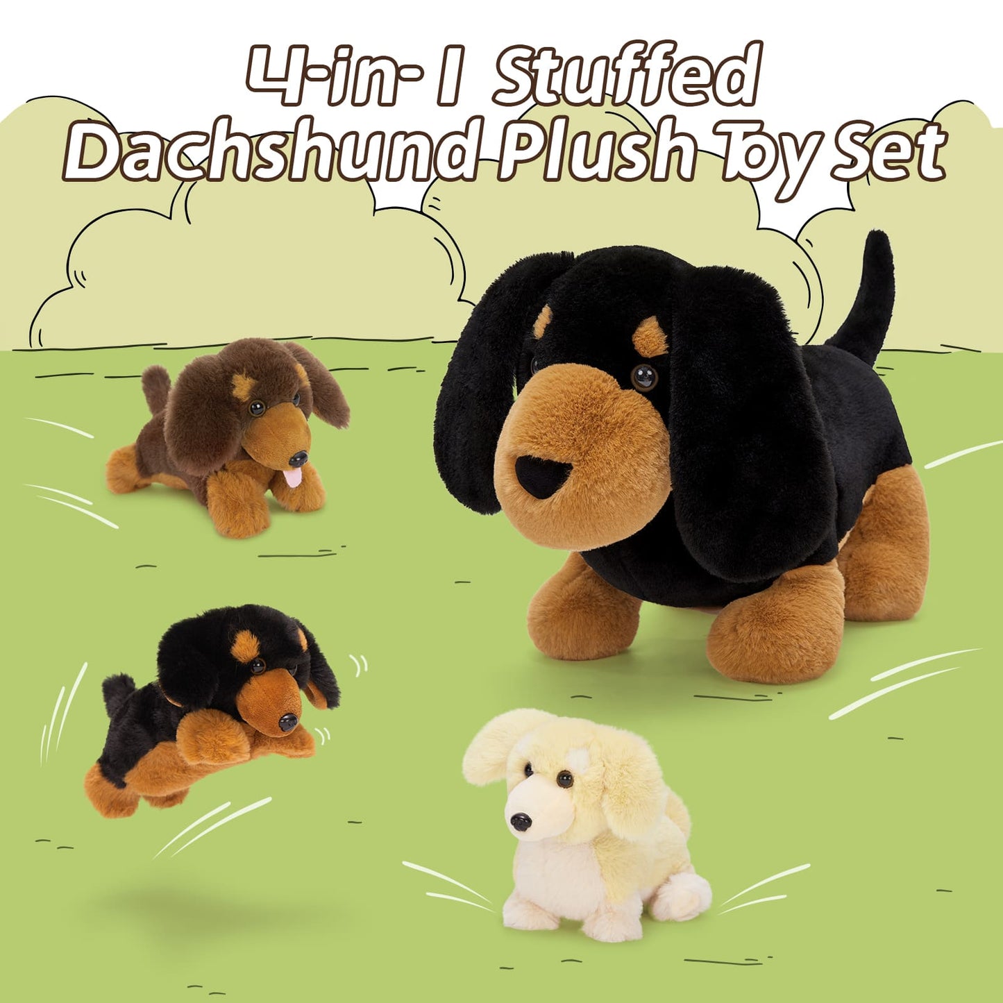 Set of four stuffed dachshund plush toys on a green grass background with text '4-in-1 Stuffed Dachshund Plush Toy Set'.