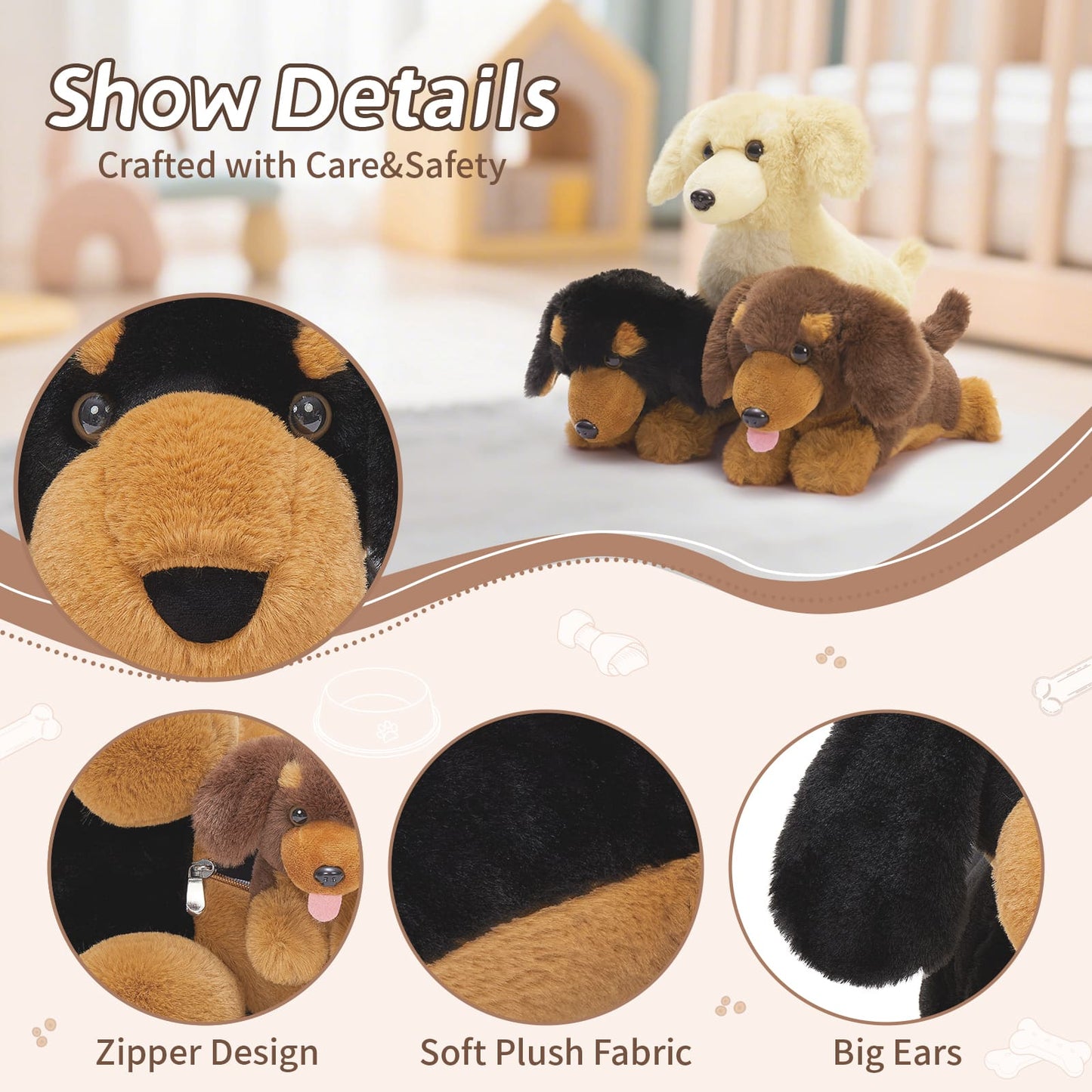 Plush dog toy with close-up details on a soft background