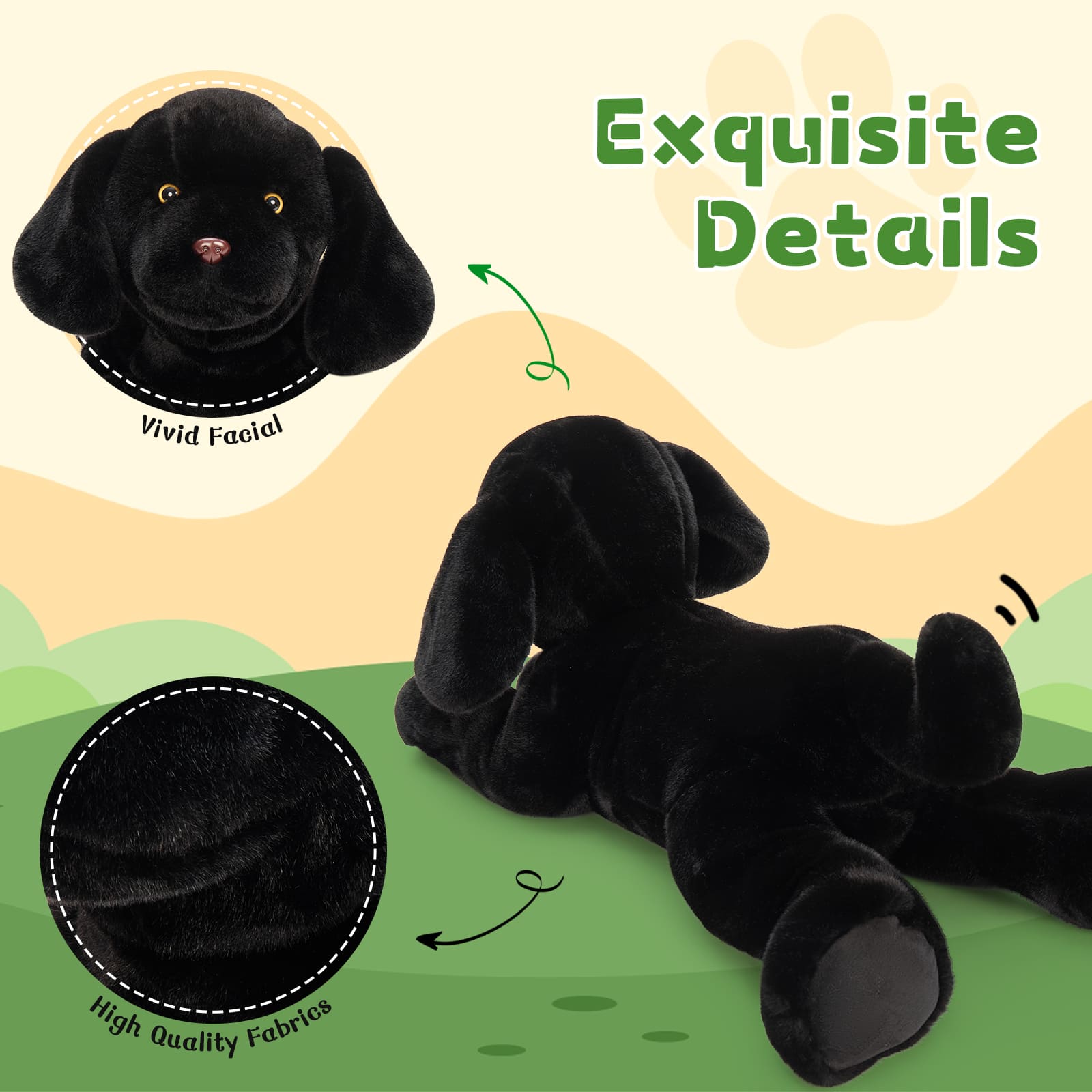 Black plush dog toy with close-up details on a green and beige background