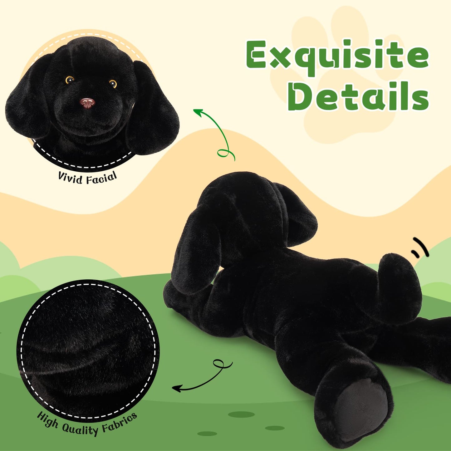 Black plush dog toy with close-up details on a green and beige background