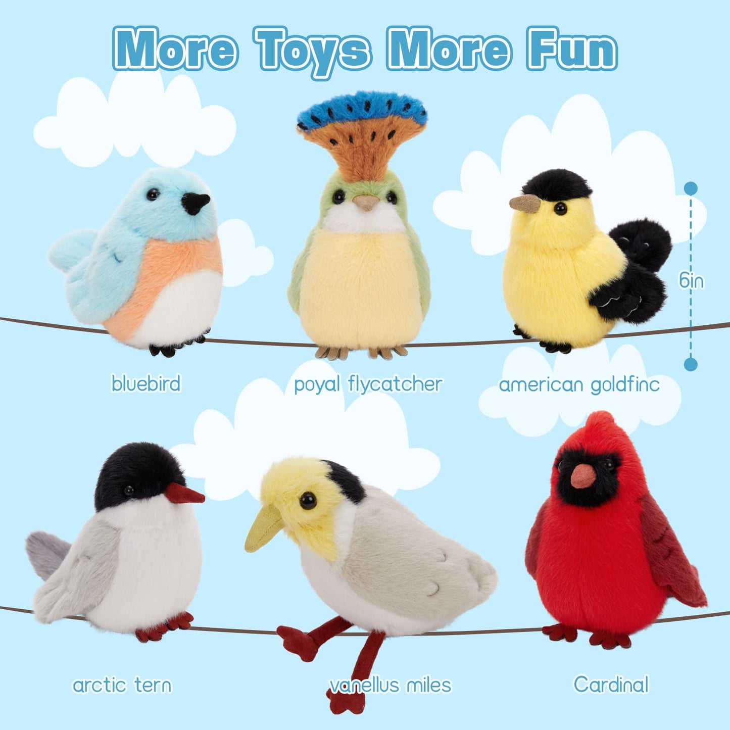 Bird Stuffed Animals Assortment - Bluebird, Cardinal, American Goldfinch, Arctic Tern, Vanellus Miles, Poyal Flycatcher - Gift for Birders - Party Favors - Education Toys for Kids