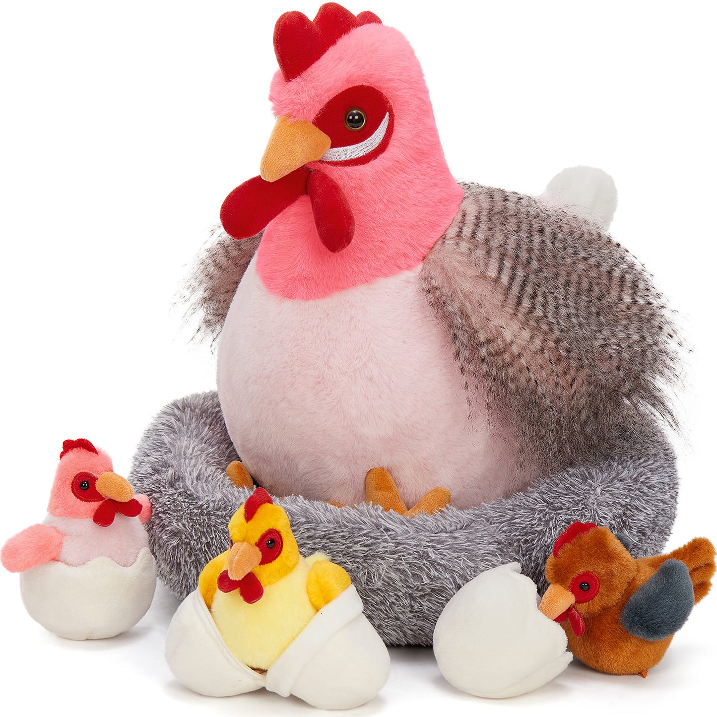 Lifelike Big Rooster Chicken, Three Mini Chicks, Three Chicken Eggs, and a Chicken Coop Plush Toy Set - Farm Chicken Stuffed Animals Set for Children - Stuffed Animals with Babies in the Belly - Stuffed Animal Babies with Their Mom - Realistic Chicken Plush Dolls for Kids Teens Adults