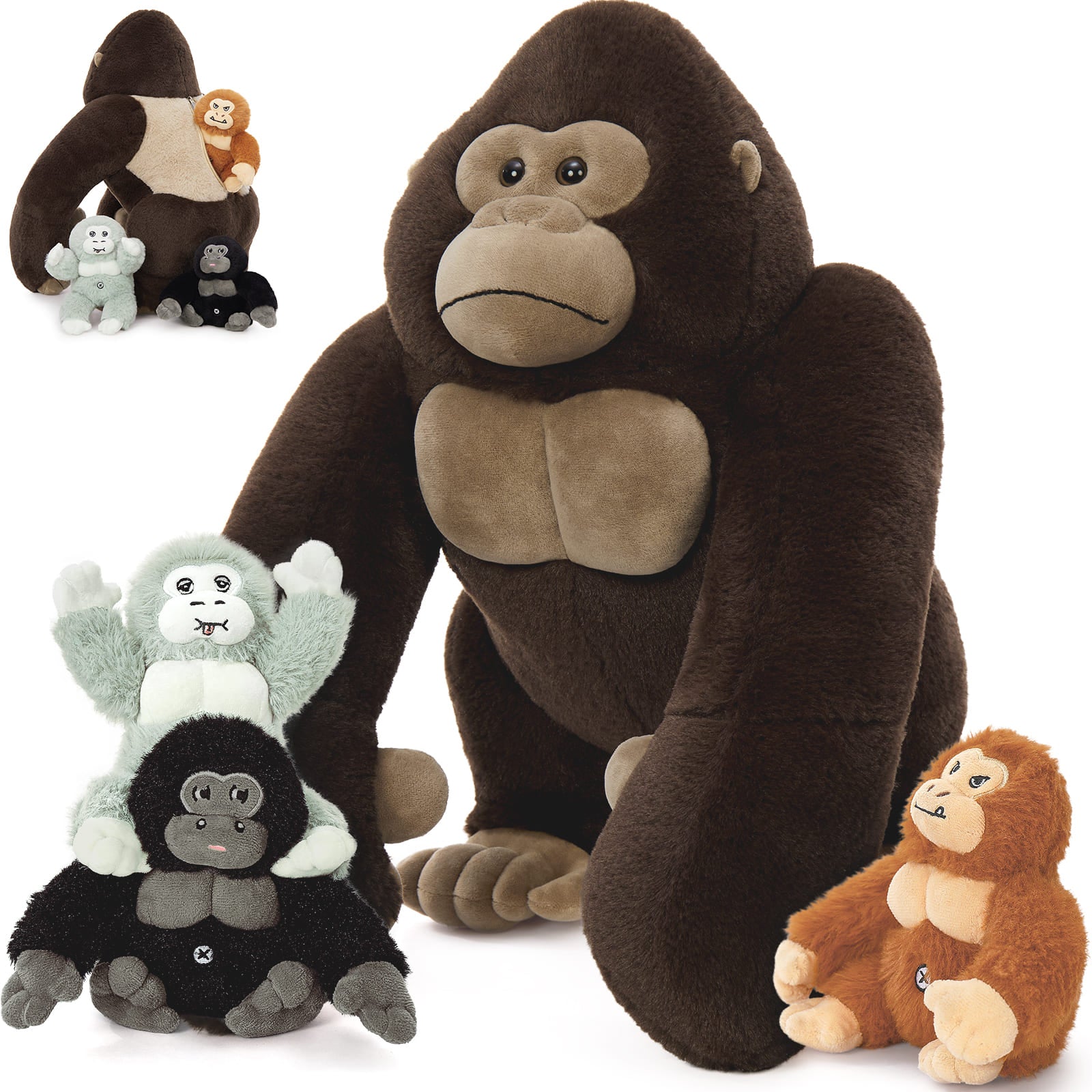 Realistic Gorilla Stuffed Animals - Lifelike Chimpanzees Plush Toys -  Orangutan Stuffed Animals with Babies in the Belly - Three Gorilla Stuffed Animal Babies with Their Mom - Jungle/Safari/Forest Stuffed Animals - Zoo Souvenirs - Free Shipping