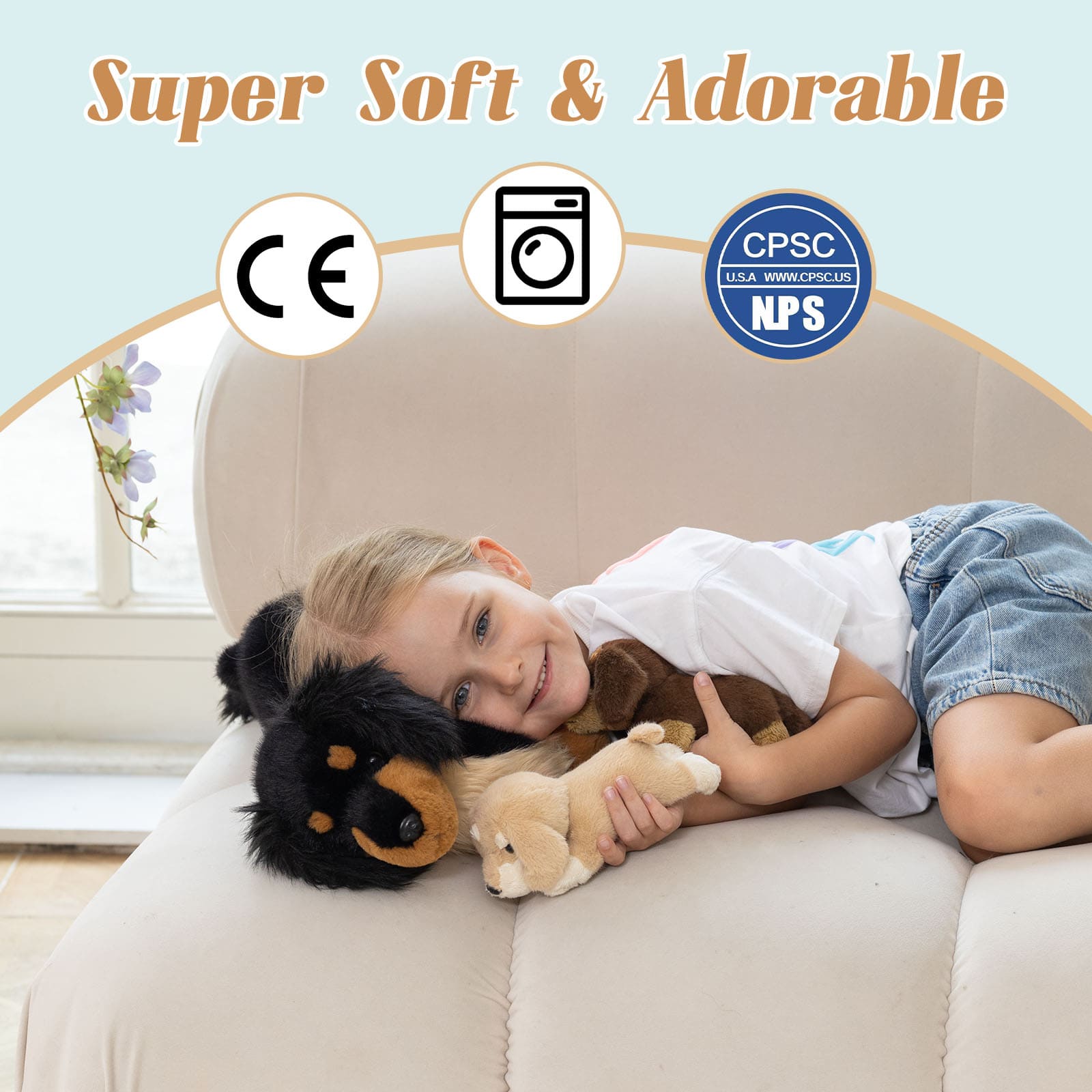 MorisMos 20'' Large Sausage Dog Stuffed Animal Mommy with Baby Puppy Toys for Kids, 3Pcs Realistic Long Hair Sausage Toys for Girl Boy Birthday Christmas