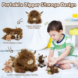One Big Highland Cow with Three Calves - Highland Cattle Stuffed Animals with Babies inside the Belly - Lifelike Highland Cow Toys for Kids, Teens, Adults - Fluffy Baby Highland Cows - Farm Souvenirs - Farm Theme Party Favors