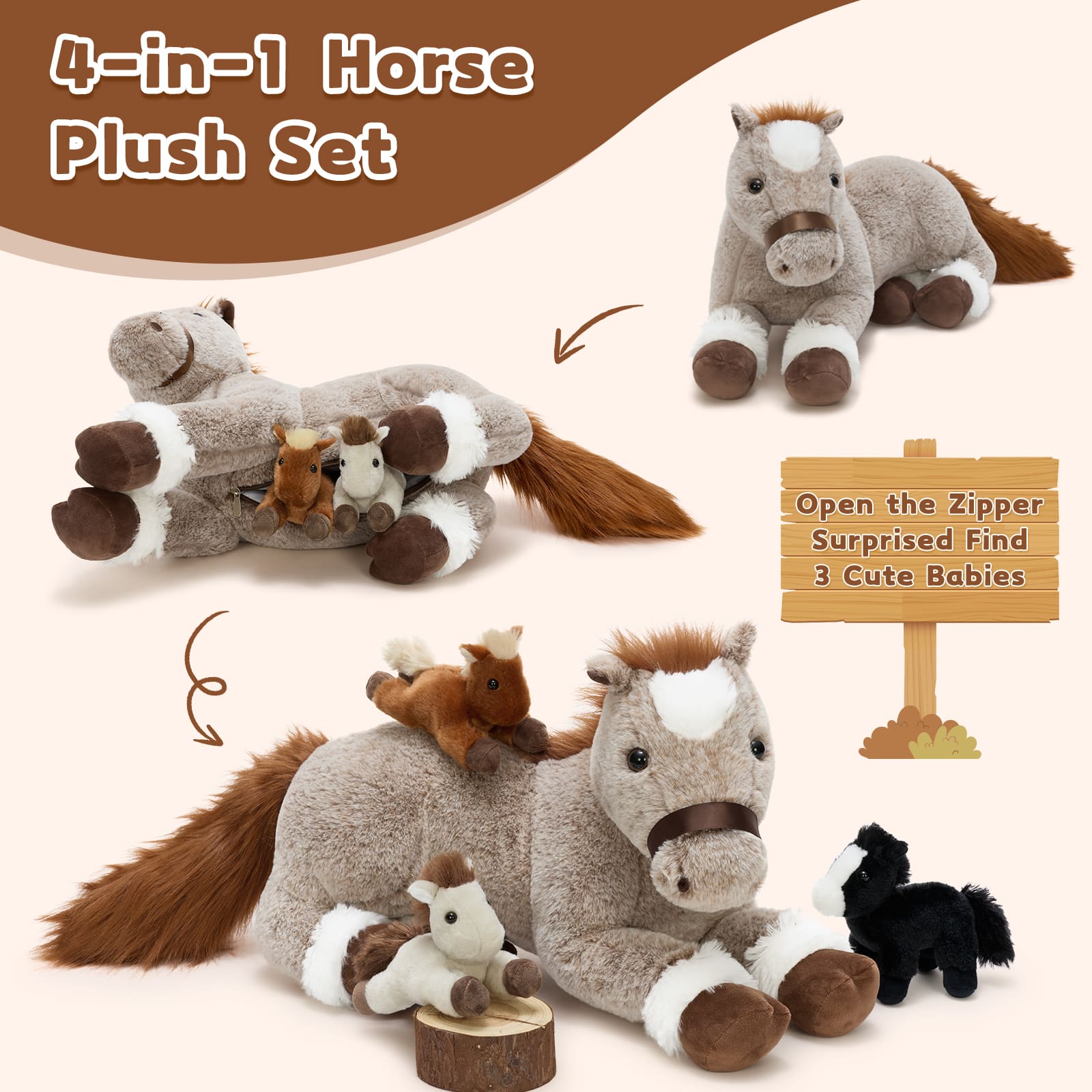 17.72 Inch Horse Plush Toy with Three 5.9 Inch Ponies