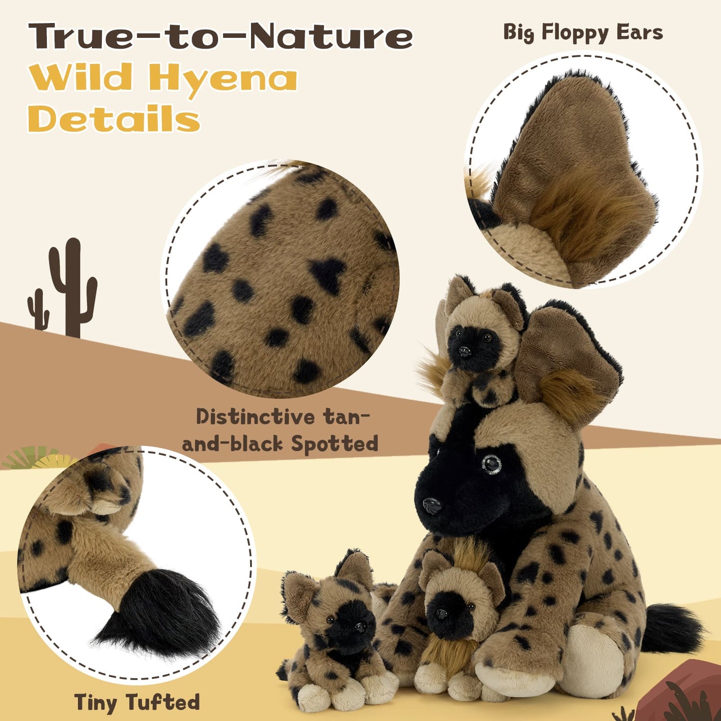 Plush toy hyena with details highlighted on a desert-themed background