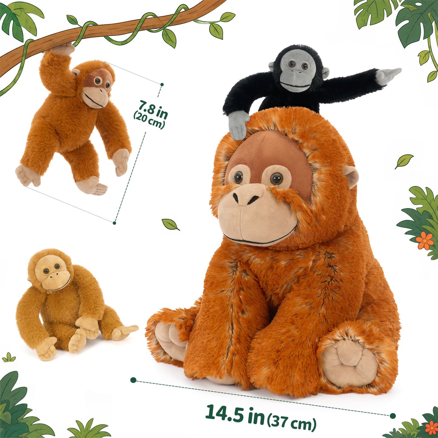 Giant Orangutan Plush Toy with Baby Monkeys Soft Stuffed Animal Family Toy
