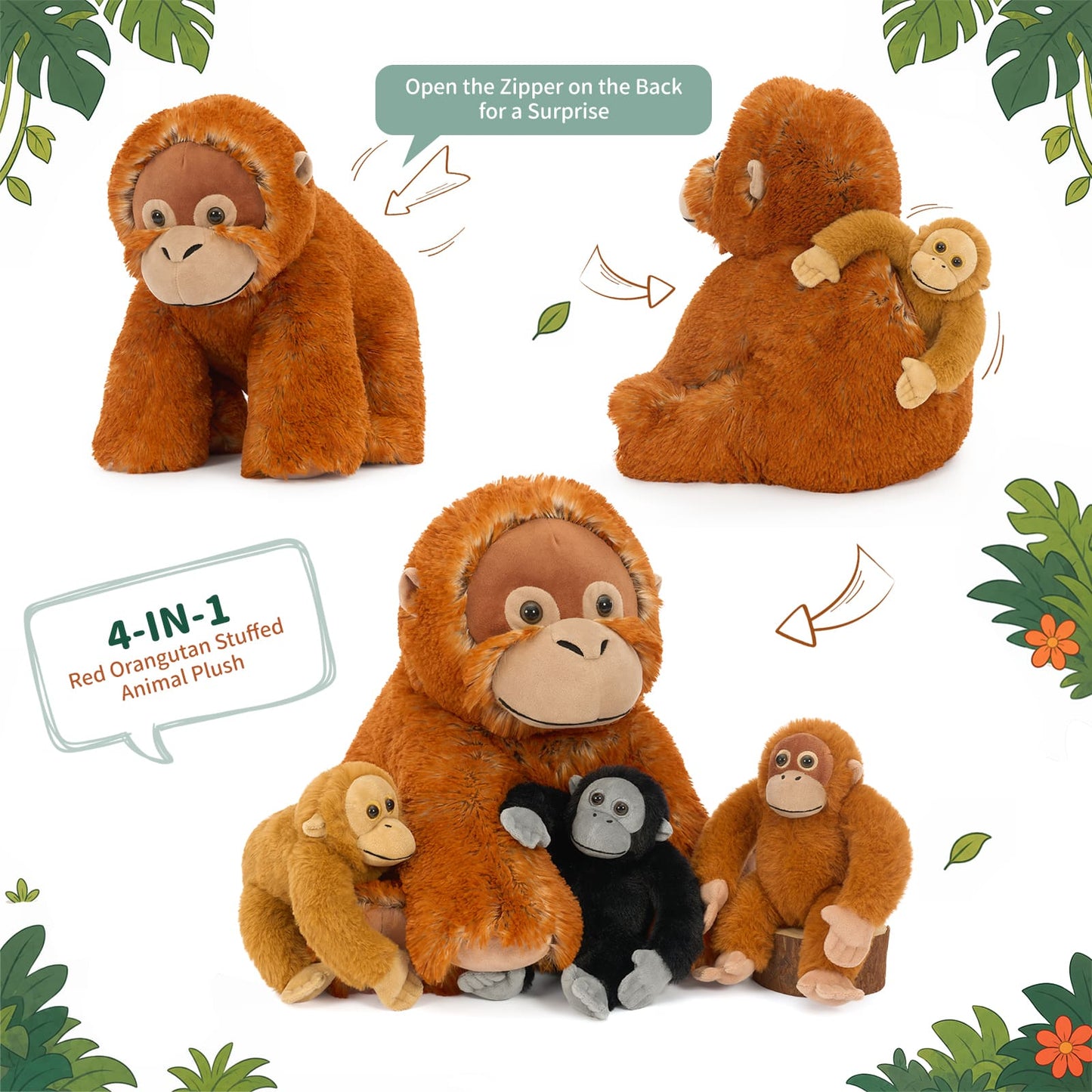 Giant Orangutan Plush Toy with Baby Monkeys Soft Stuffed Animal Family Toy