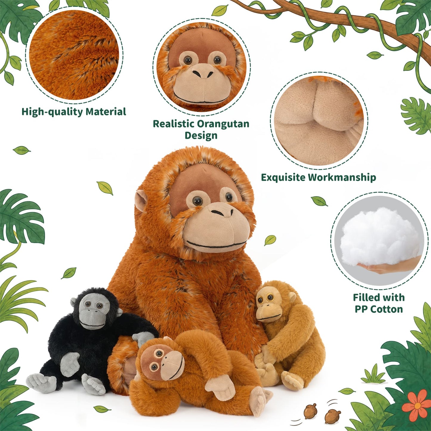 Giant Orangutan Plush Toy with Baby Monkeys Soft Stuffed Animal Family Toy