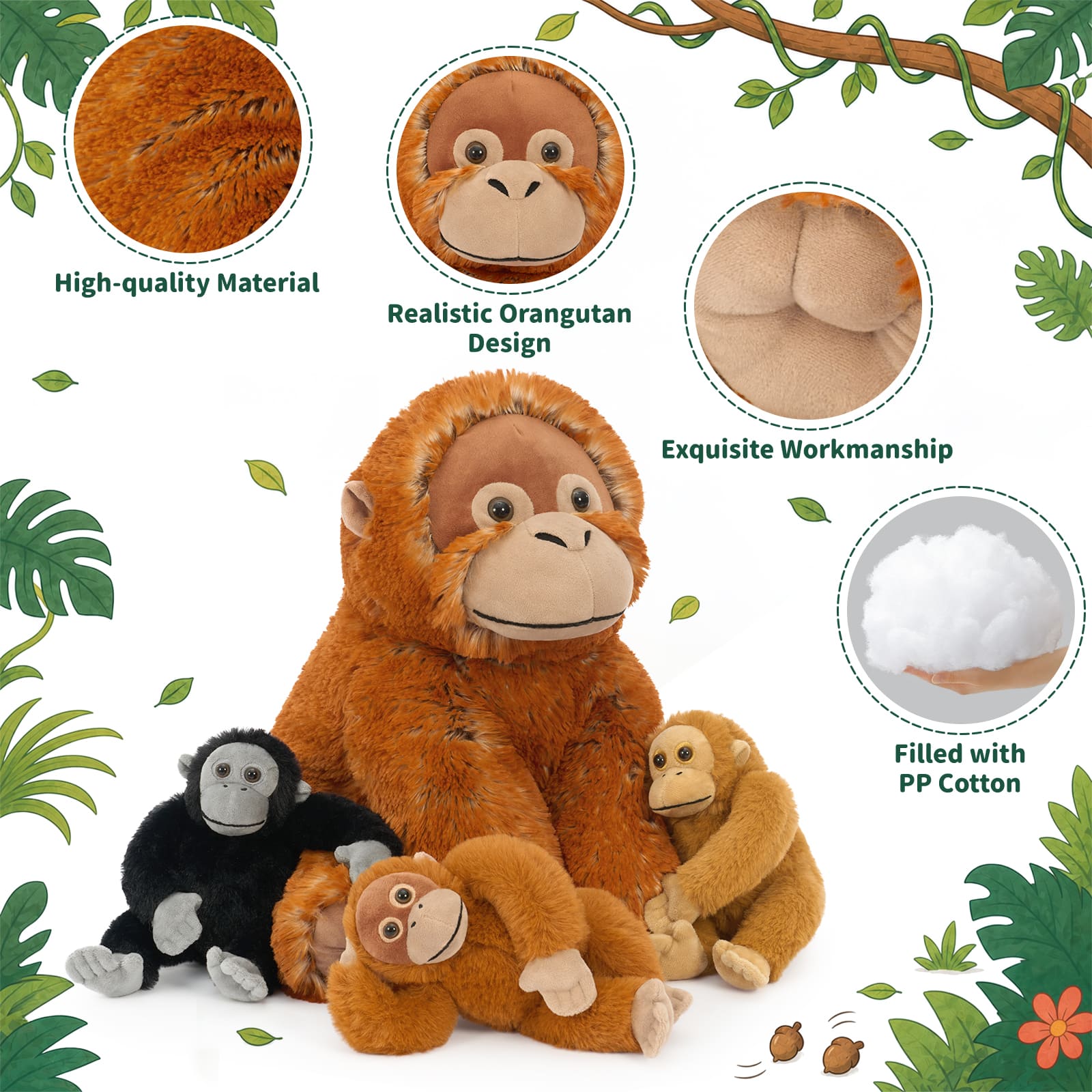 Giant Orangutan Plush Toy with Baby Monkeys Soft Stuffed Animal Family Toy