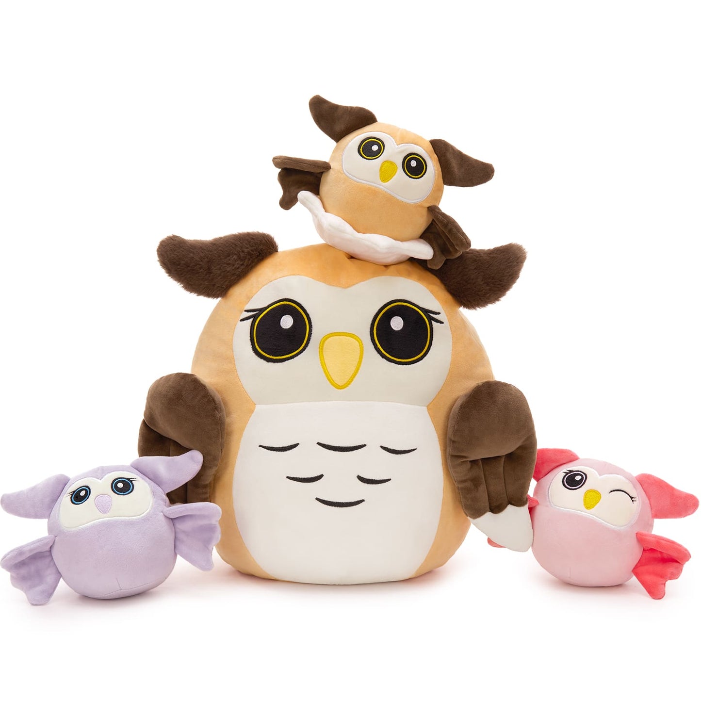 Realistic Owl Stuffed Animals - Nighthawk Plush Toys 15.75 Inches - Cartoon Owl Plush Pillows for Girls Boys - Stuffed Animal Babies with Their Mom - Gift for Birders