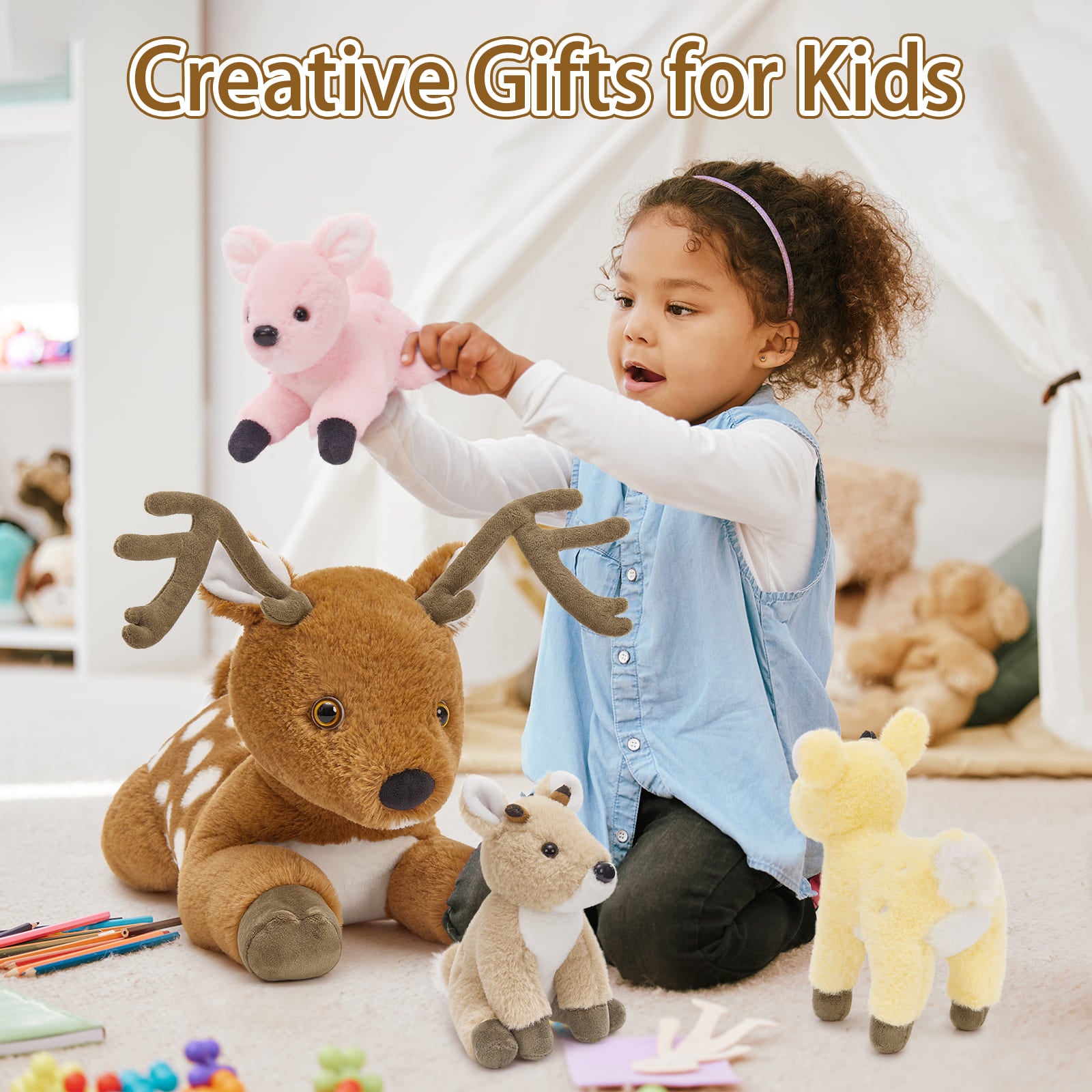 Realistic Sika Deer Stuffed Animals - Deer Plush Toys - Stuffed Animal Babies with Their Mom - Jungle Safari Soft Toys - Cute Party Favors - Birthday Christmas Gift for Children