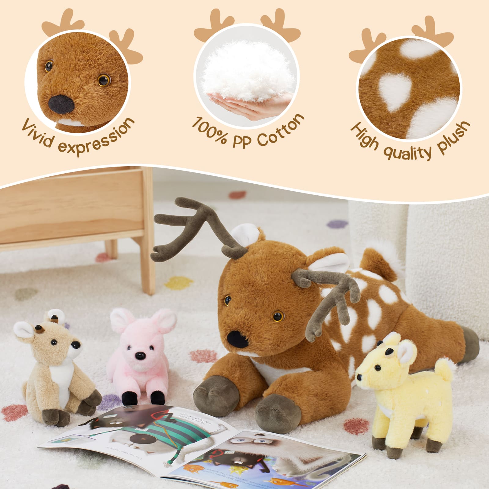 Realistic Sika Deer Stuffed Animals - Deer Plush Toys - Stuffed Animal Babies with Their Mom - Jungle Safari Soft Toys - Cute Party Favors - Birthday Christmas Gift for Children