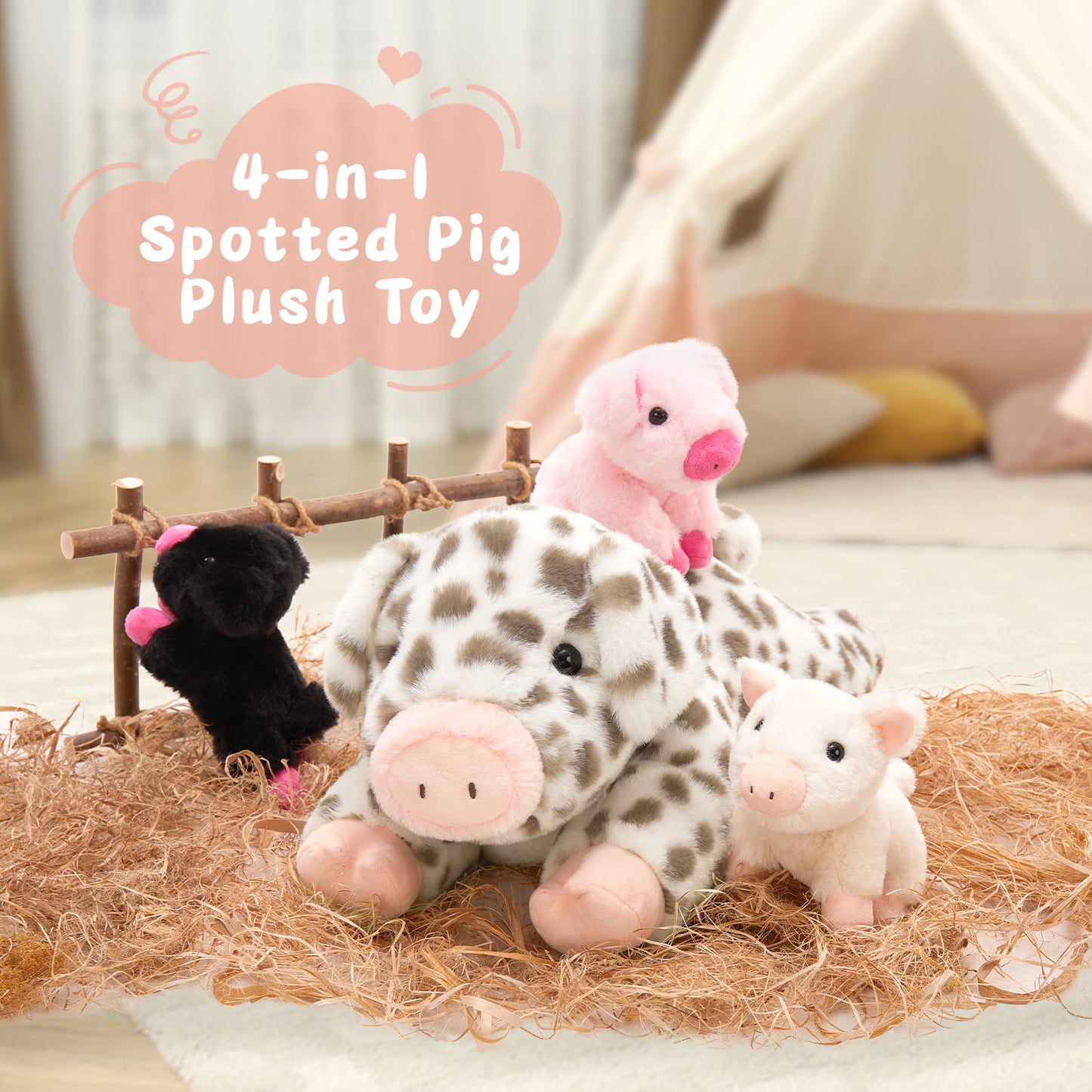 Lifelike Spotted Pig Stuffed Animals - Piglet Stuffed Animals with Their Mom - Pig Stuffed Animals with Babies in the Belly - Mommy Pig Stuffed Animal with 3 Baby plushie Piggies - Fluffy Farm Animal Toy- Squishy Piglet Stuffed Animal Gift for Kids - Ideal Gifts for Girls Boys