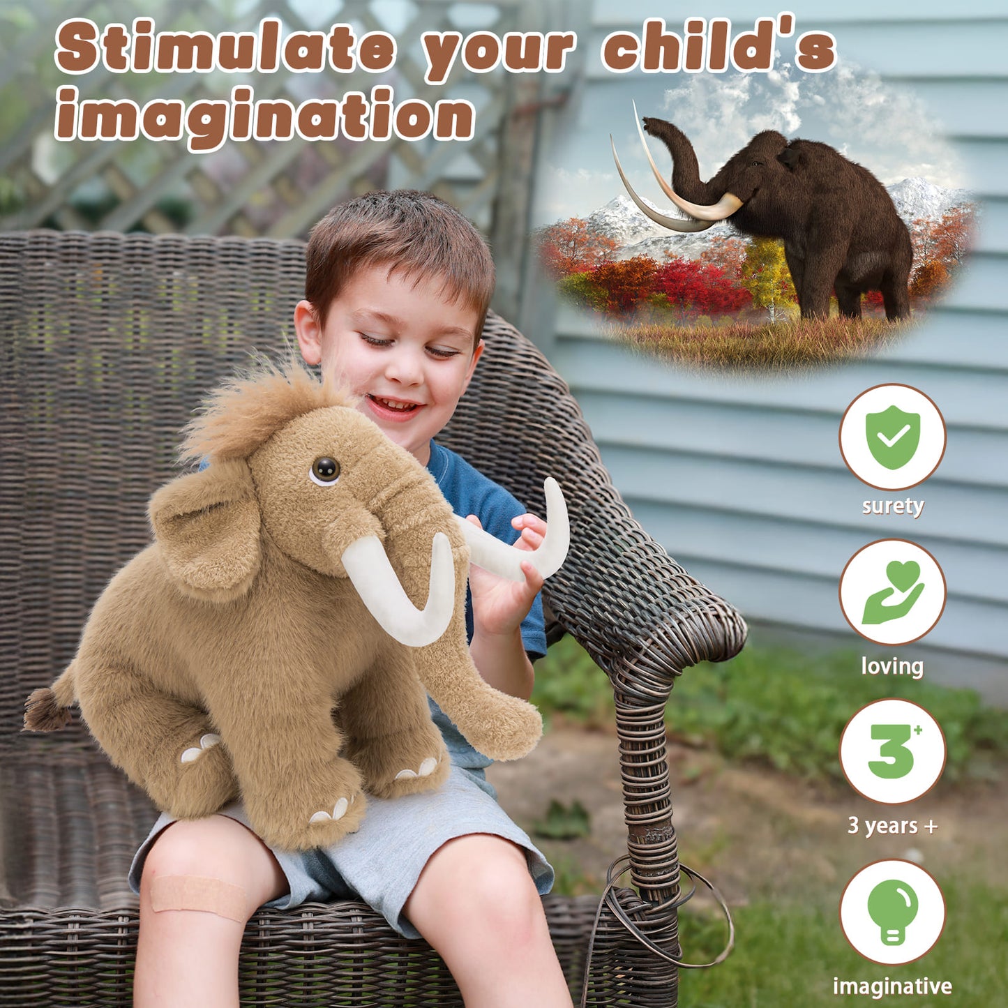 Lifelike Woolly Mammoth Stuffed Animals, 15.7 Inches