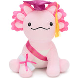 Soft and huggable axolotl plush toy in 8 inch size, styled with a graduation cap and diploma scroll, representing a funny and memorable graduation gift for him or her.