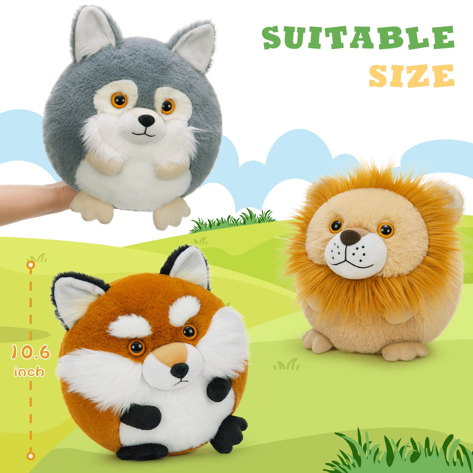 3 Pcs Round Jungle Critters Stuffed Animals, 10.6 Inches