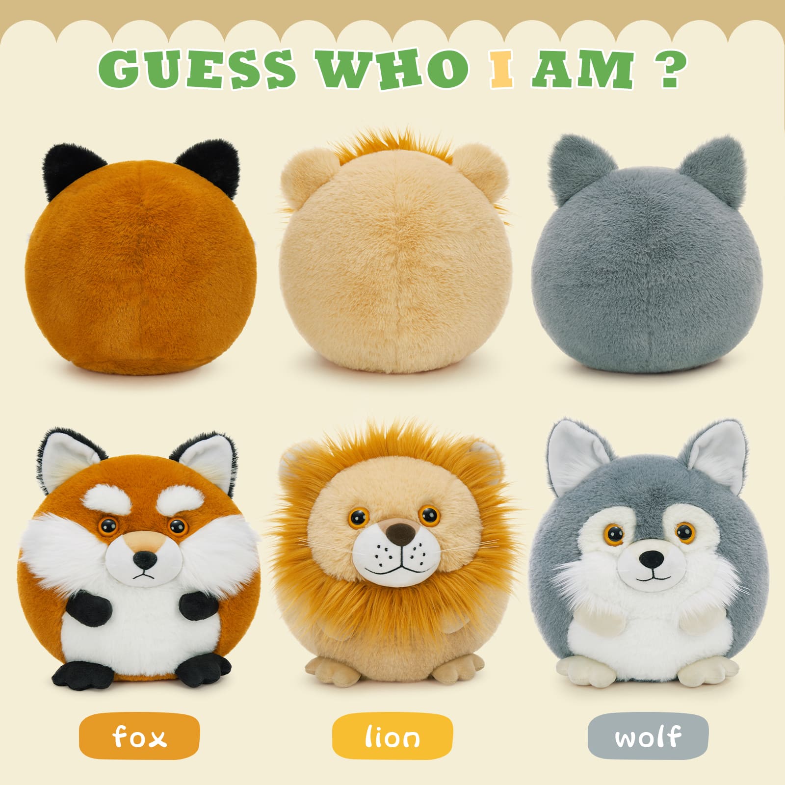 3 Pcs Round Jungle Critters Stuffed Animals, 10.6 Inches