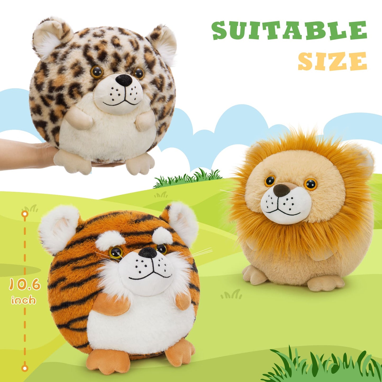 10.6 Inches Round stuffed animal plush pillows of a lion, leopard, and tiger, soft jungle-themed cuddle toys for kids and home décor.