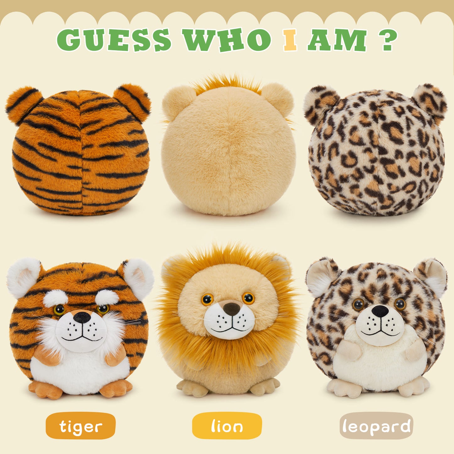 10.6 Inches Round stuffed animal plush pillows of a lion, leopard, and tiger, soft jungle-themed cuddle toys for kids and home décor.