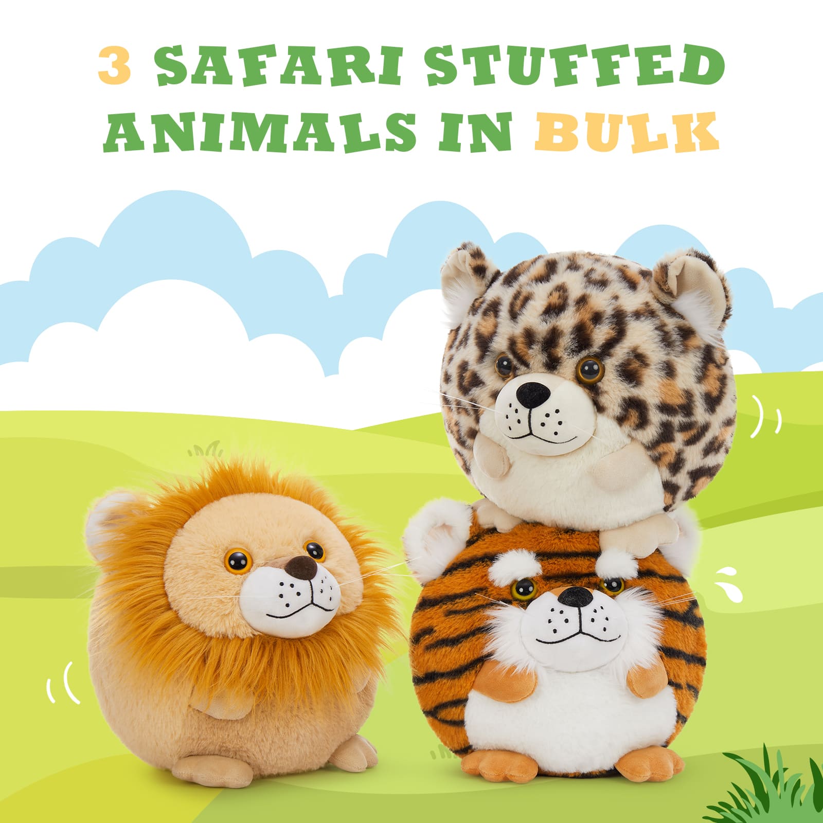 3 Pcs Round Jungle Critters Stuffed Animals, 10.6 Inches