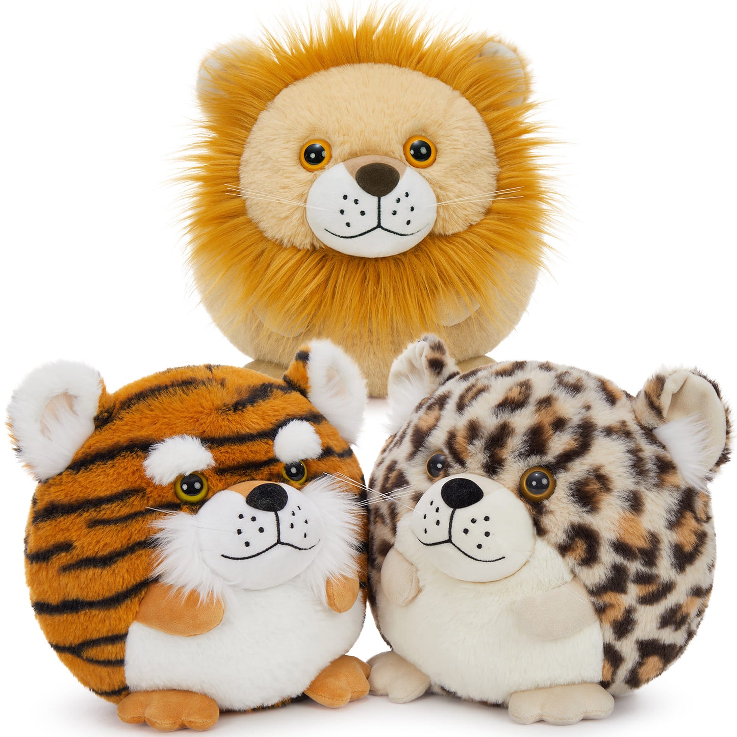 10.6 Inches Round stuffed animal plush pillows of a lion, leopard, and tiger, soft jungle-themed cuddle toys for kids and home décor.