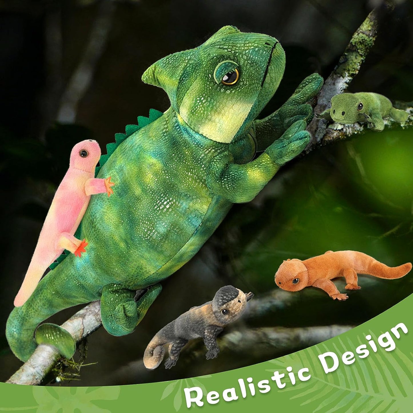 Big Lizard Plush Toys - 5 Pcs Realistic Chameleon Stuffed Animals - Cool Lifelike Bearded Dragon Plush Dolls - Stuffed Animal Lizard Babies with Their Mom - Chameleon Soft Toys - Gifts for Boys Girls