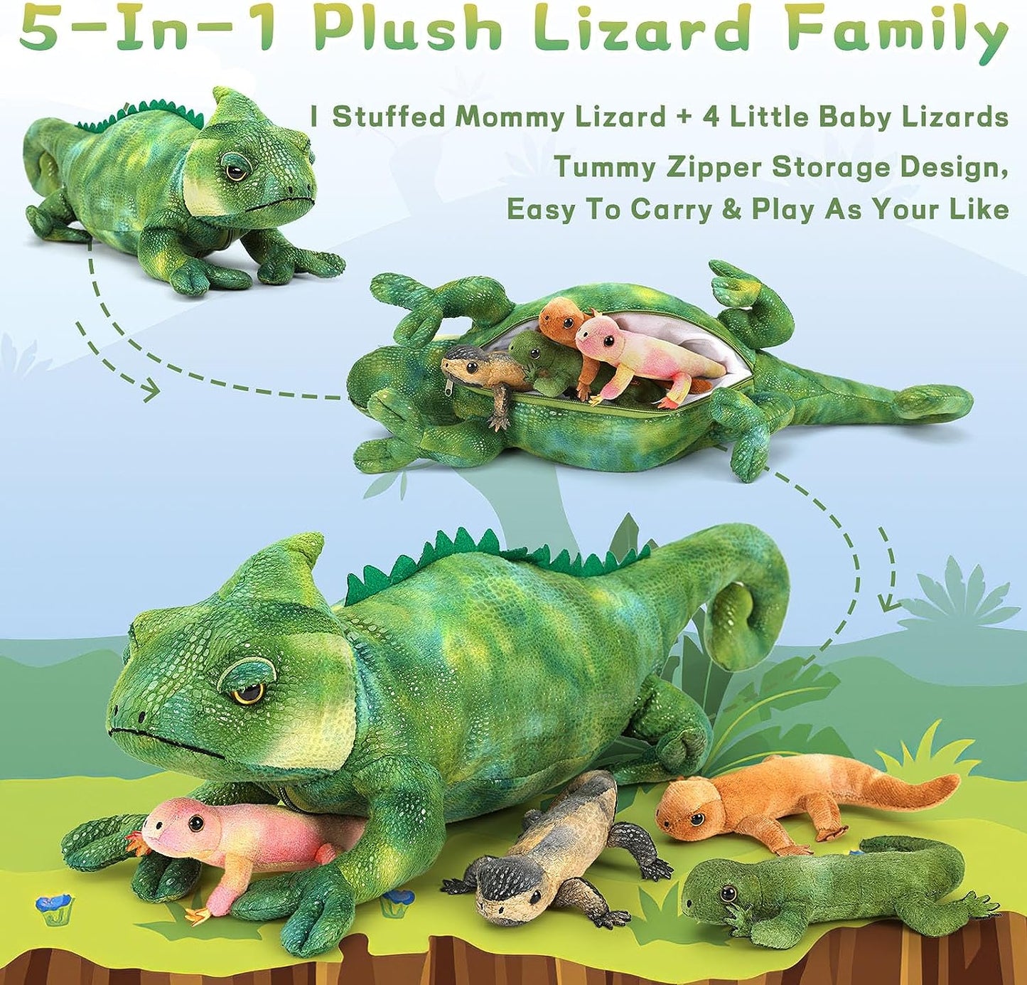 Big Lizard Plush Toys - 5 Pcs Realistic Chameleon Stuffed Animals - Cool Lifelike Bearded Dragon Plush Dolls - Stuffed Animal Lizard Babies with Their Mom - Chameleon Soft Toys - Gifts for Boys Girls