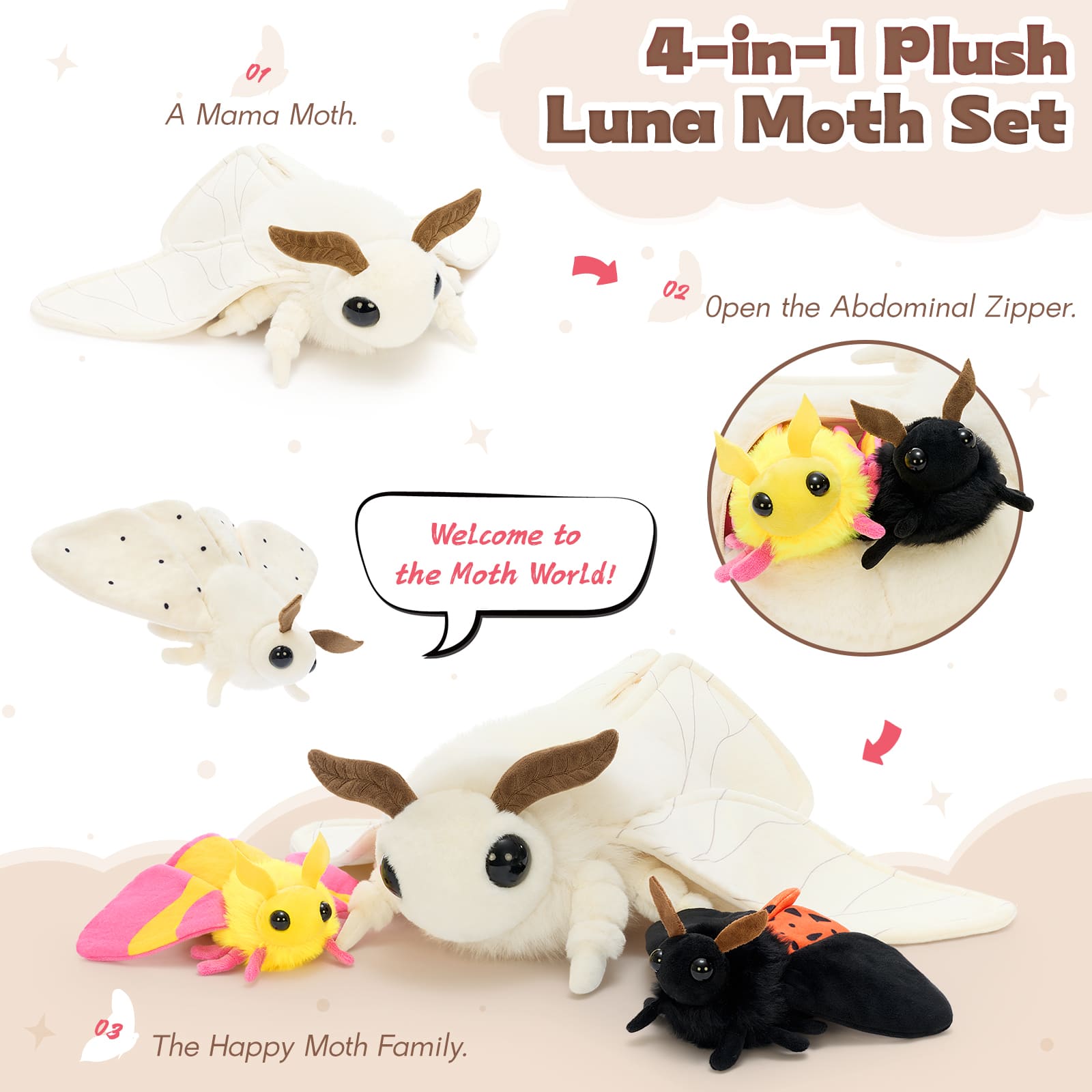 Giant Luna Moth Plush Toy Set with Removable Baby Moths