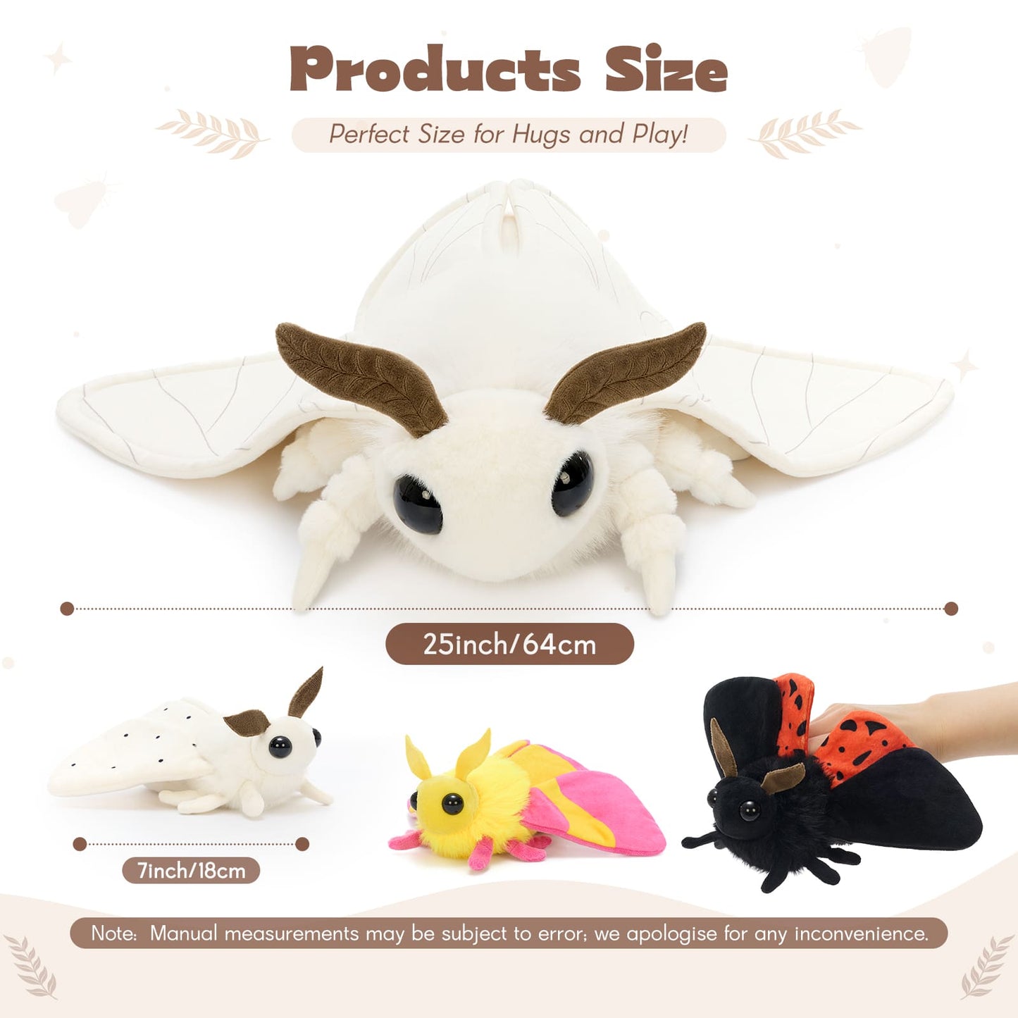 Cute moth stuffed animal family featuring a large cream luna moth plush with colorful baby moth plushies, perfect as a cottagecore gift, woodland décor, or nature-inspired plush toy.