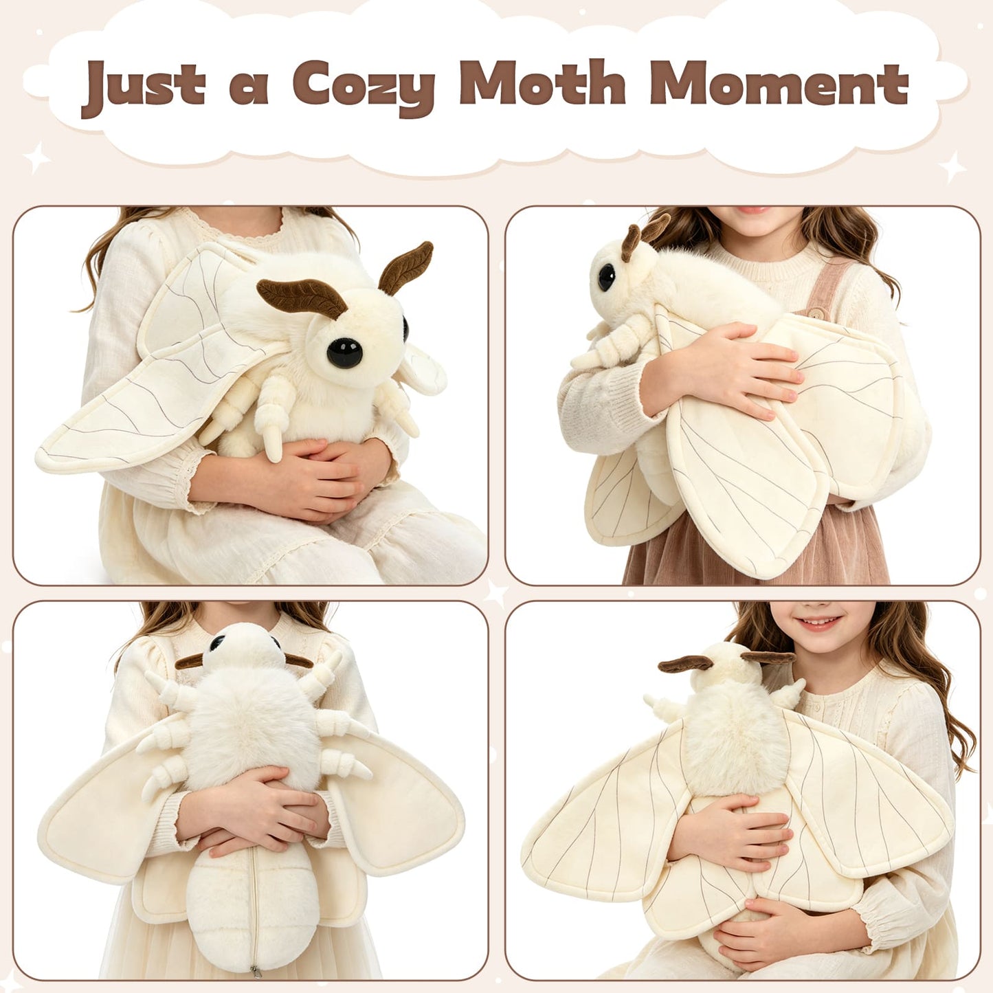 Large luna moth plush with adorable baby moth toys in yellow, pink, black, and white designs, ideal for insect lovers, kawaii plush fans, cottagecore décor, and nature toy collections.