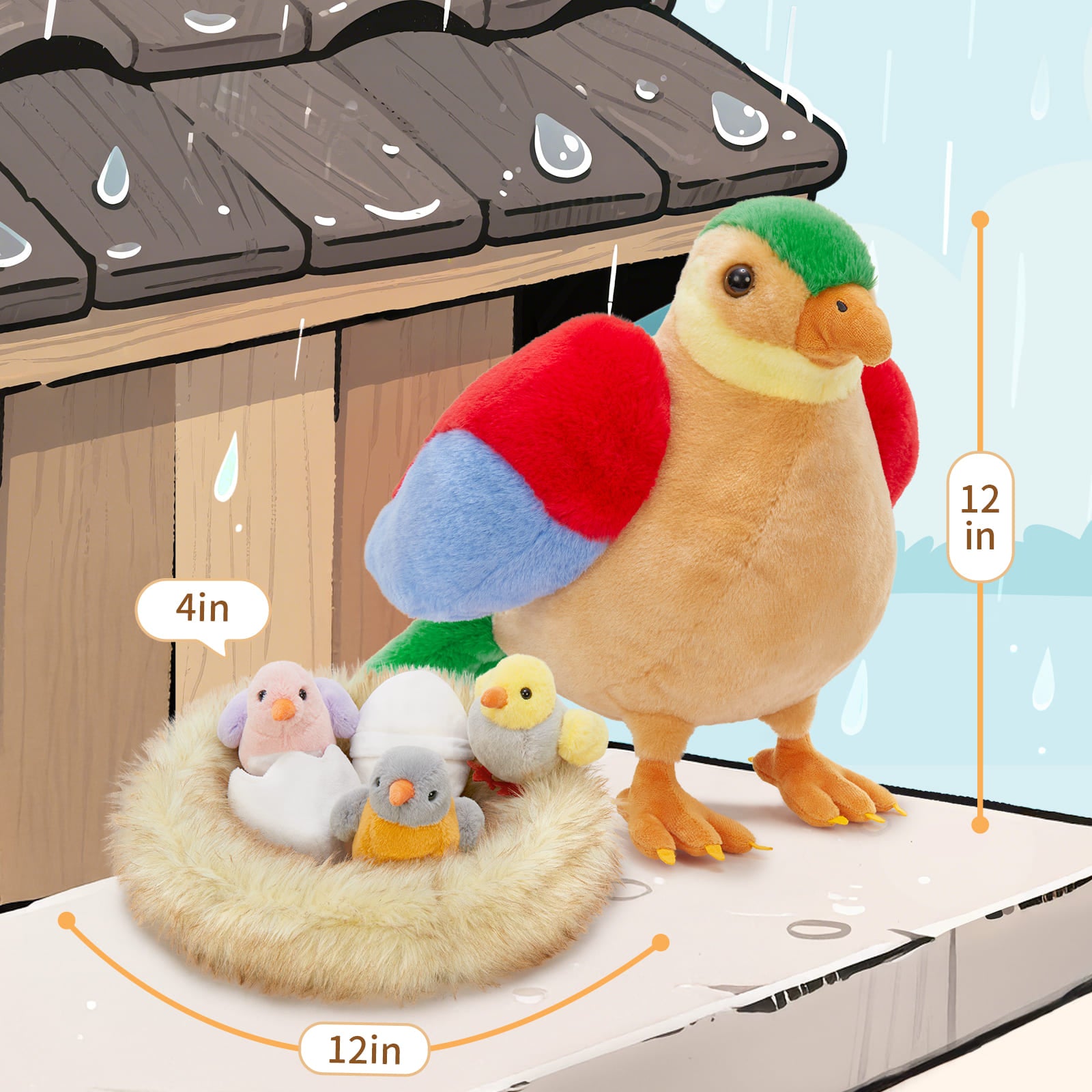 MorisMos 7Pcs Bird Stuffed Animals, Mommy Bird with Babies Eggs Nest, Colorful Birds Plush Toys Gifts for Toddlers, Kids, Boys, Girls, 12 inch
