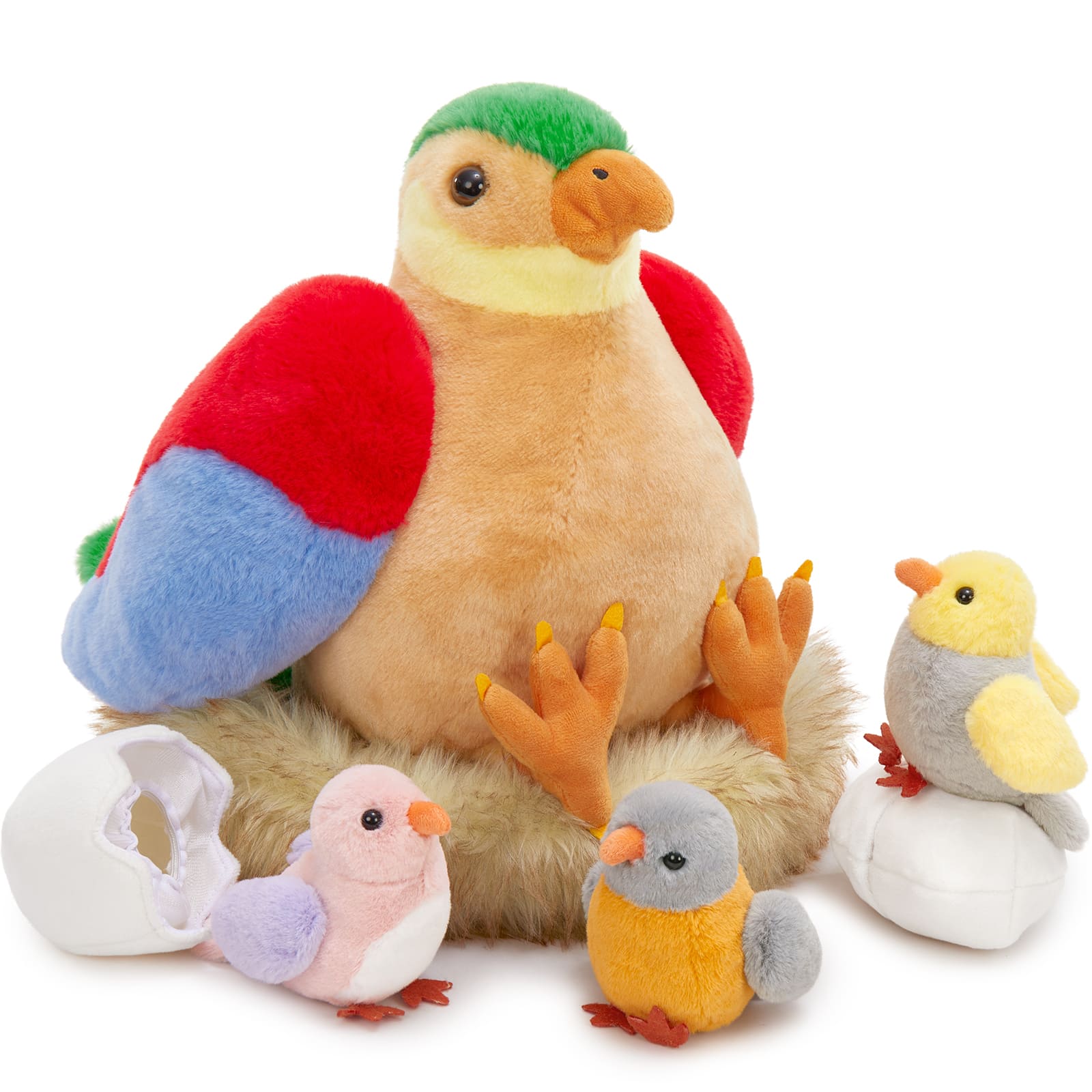 MorisMos 7Pcs Bird Stuffed Animals, Mommy Bird with Babies Eggs Nest, Colorful Birds Plush Toys Gifts for Toddlers, Kids, Boys, Girls, 12 inch