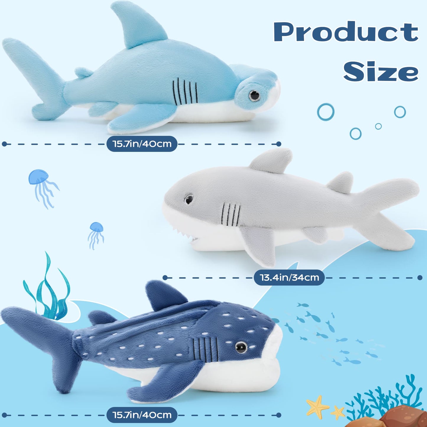 Adorable marine animal plush toys with gray shark plush, blue whale shark stuffed toy, and light blue hammerhead shark plush for kids ocean themed toys