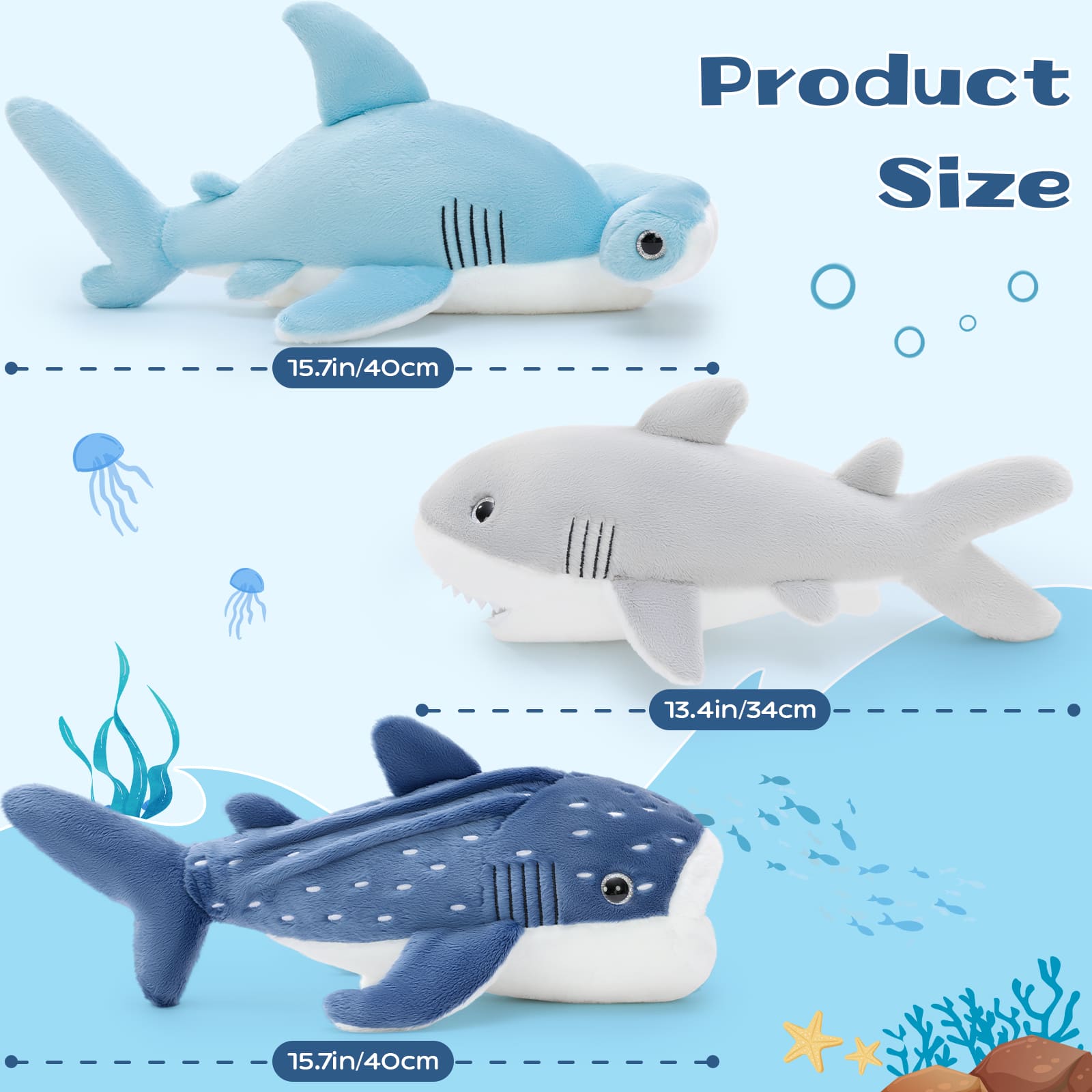 Shark, Whale Shark, Hammerhead Stuffed Sea Creatures, 15.7 Inches