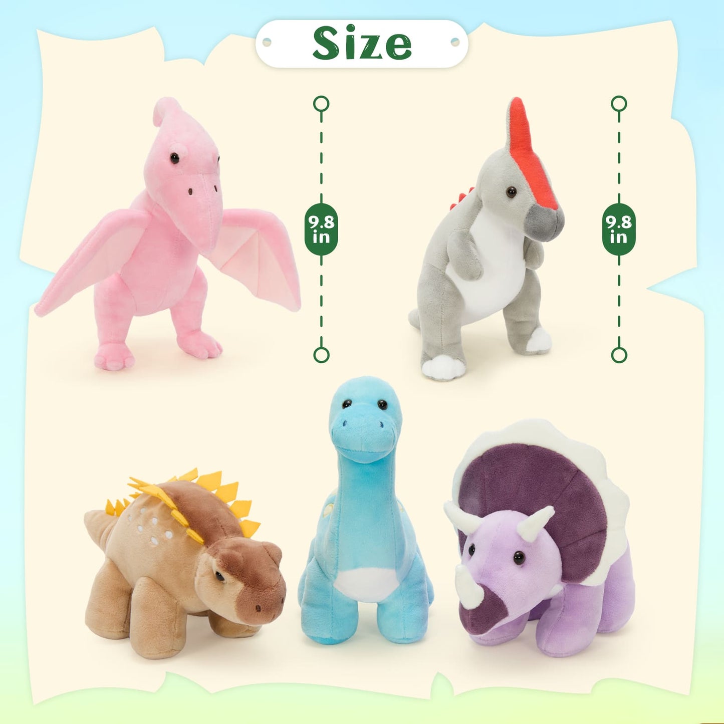 9.8 inch plush dinosaur toys including T-Rex, Triceratops, Stegosaurus, and Pterodactyl