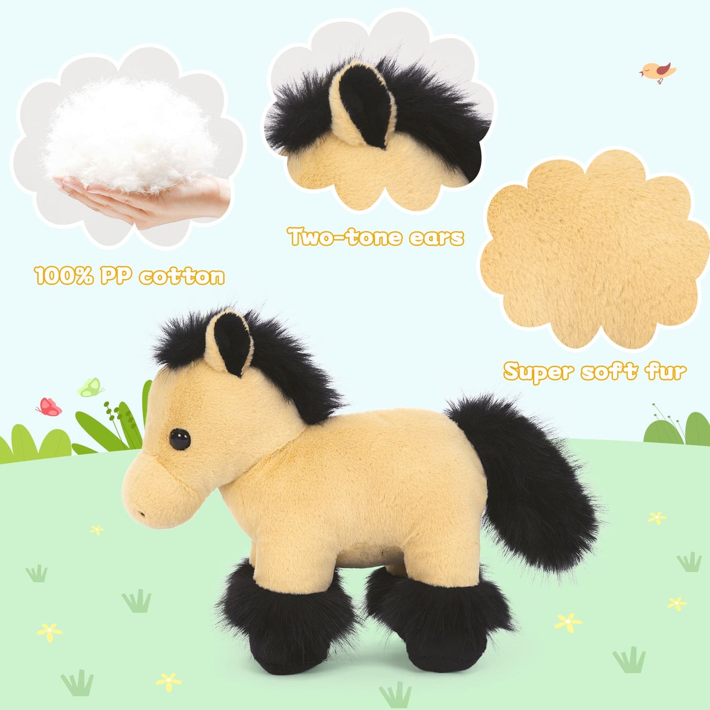 Small brown horse stuffed animals, farm animal plush toy collection