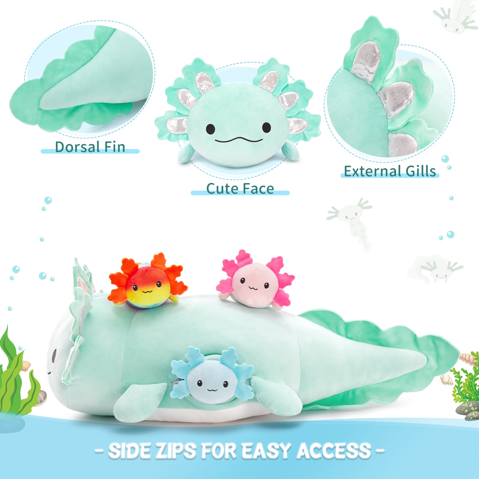 Axolotl Plush Toys - 4 Pcs Axolotl Stuffed Animals Bulk - Cute Salamander 24 Inches Plush Dolls - Stuffed Animal Salamander Babies with Their Mom - Axolotl Cushion Pillow Soft Toys - Gifts for Boys Girls